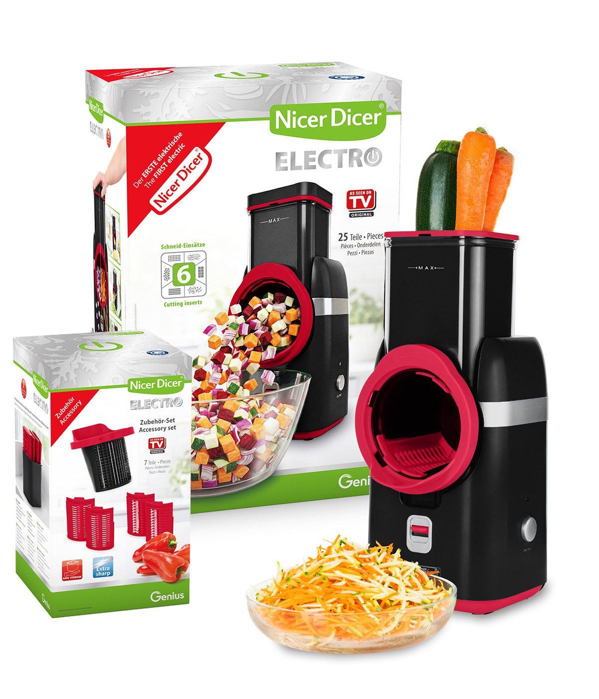 Genius Gemüseschneider Nicer Dicer Electro Deluxe 32 tlg, Gemüsehobel elektrisch, 9 Einsätze, 80 W, Extra-scharfe G-NOX Edelstahlklingen, einfache Reinigung, kompakt
