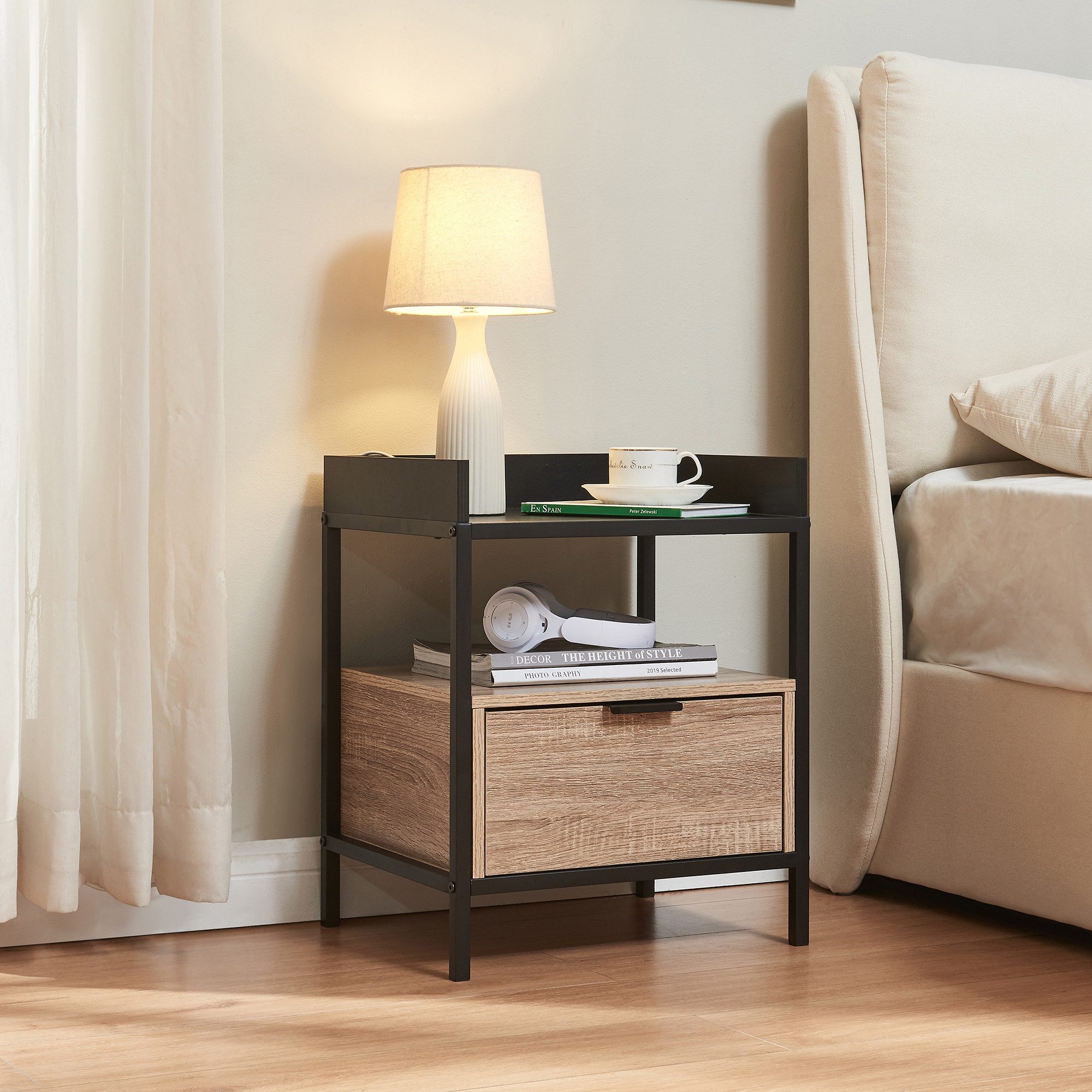 en.casa Nachttisch, »Belana« 51x40x35 cm mit Schublade Metallgestell Schwarz/Eicheoptik