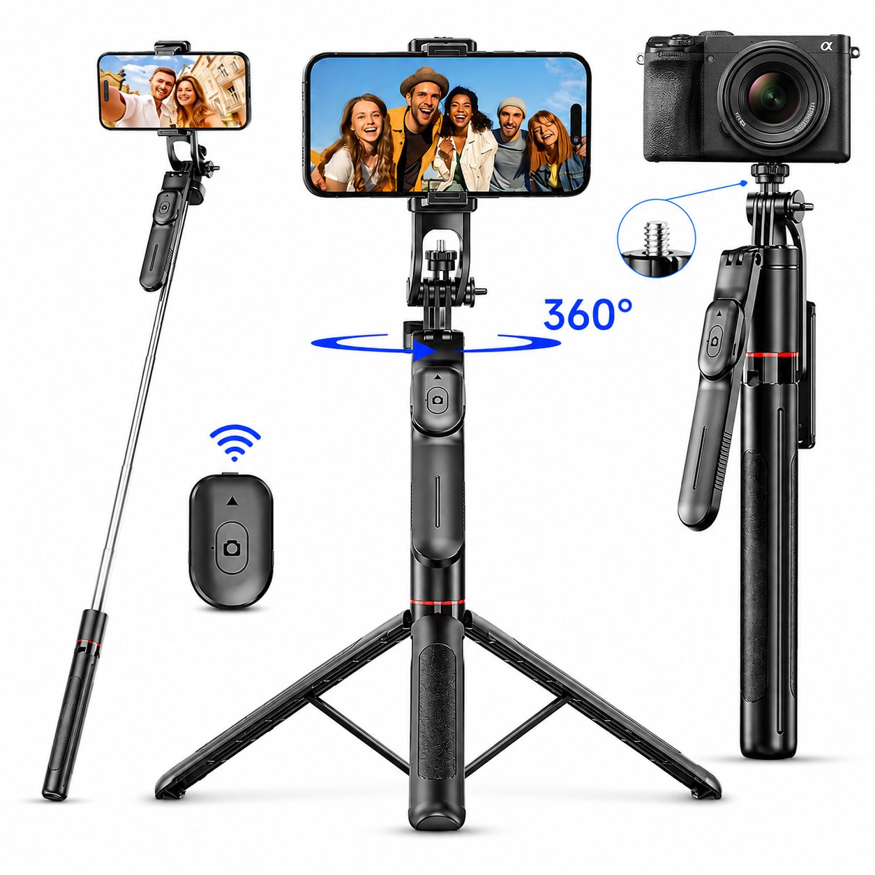 Toomoke Selfie-Stick Handy Stativ, Kamerastativ, Bluetooth Fernauslöser, 170 cm Teleskop, Smartphone Stativ, Handstativ, 360° drehbar, für Vlog und Reisen