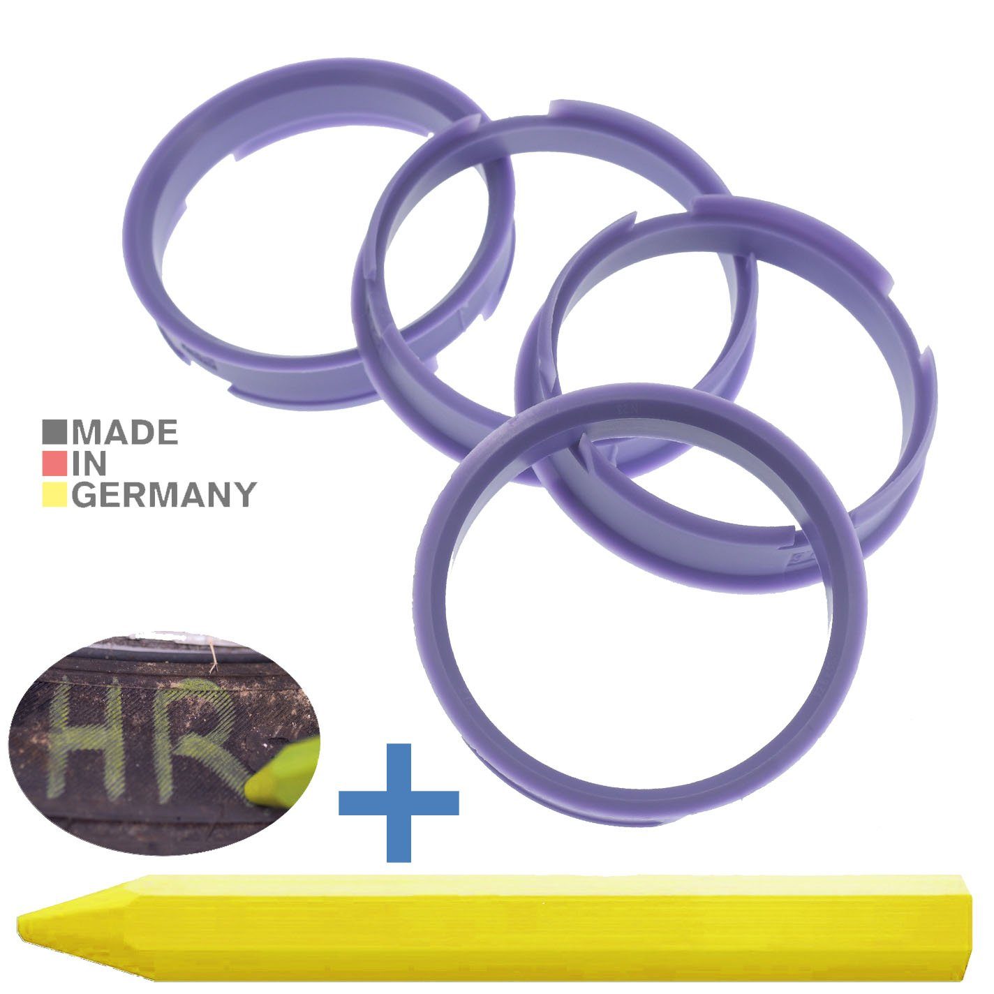 RKC Reifenstift 4X Zentrierringe Lila Felgen Ringe + 1x Reifen Kreide Fett Stift, Maße: 72,6 x 66,1 mm