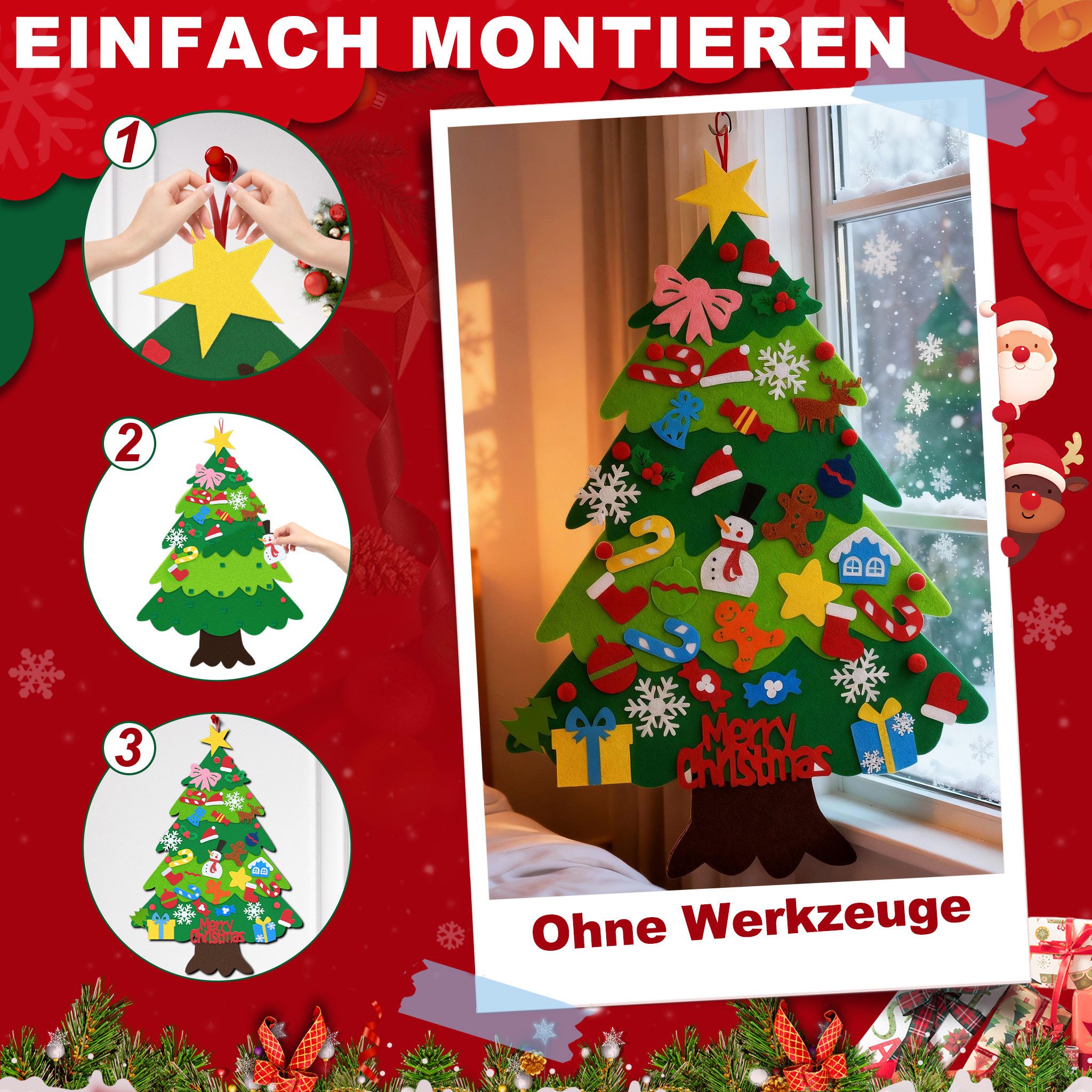 FIVMEN Künstlicher Weihnachtsbaum DIY Filz-Tannenbaum Filzchristbaum Deko 3 Stile, Filz-Tannenbaum, mit 36 Stück Abnehmbaren Ornamenten – Bild 4 von 5