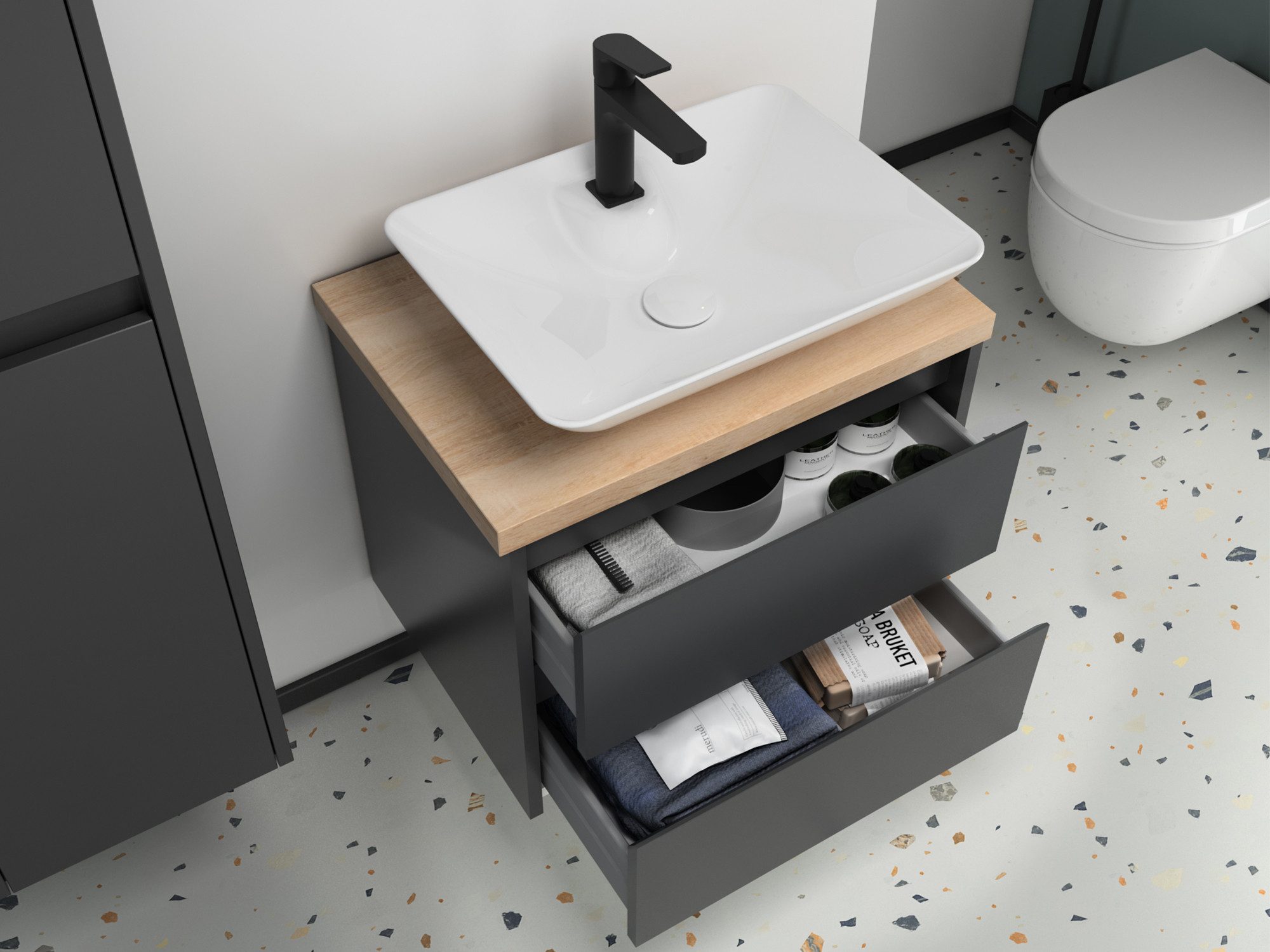 Aqua Bagno Badmöbel-Set Badmöbel 60cm – anthrazit matt lackiert mit Trägerplatte & Waschbecken, (Badschrank vormontiert, 3-St., Badmöbelschrank lackiert, Trägerplatte, Keramikwaschbecken), einfache Montage