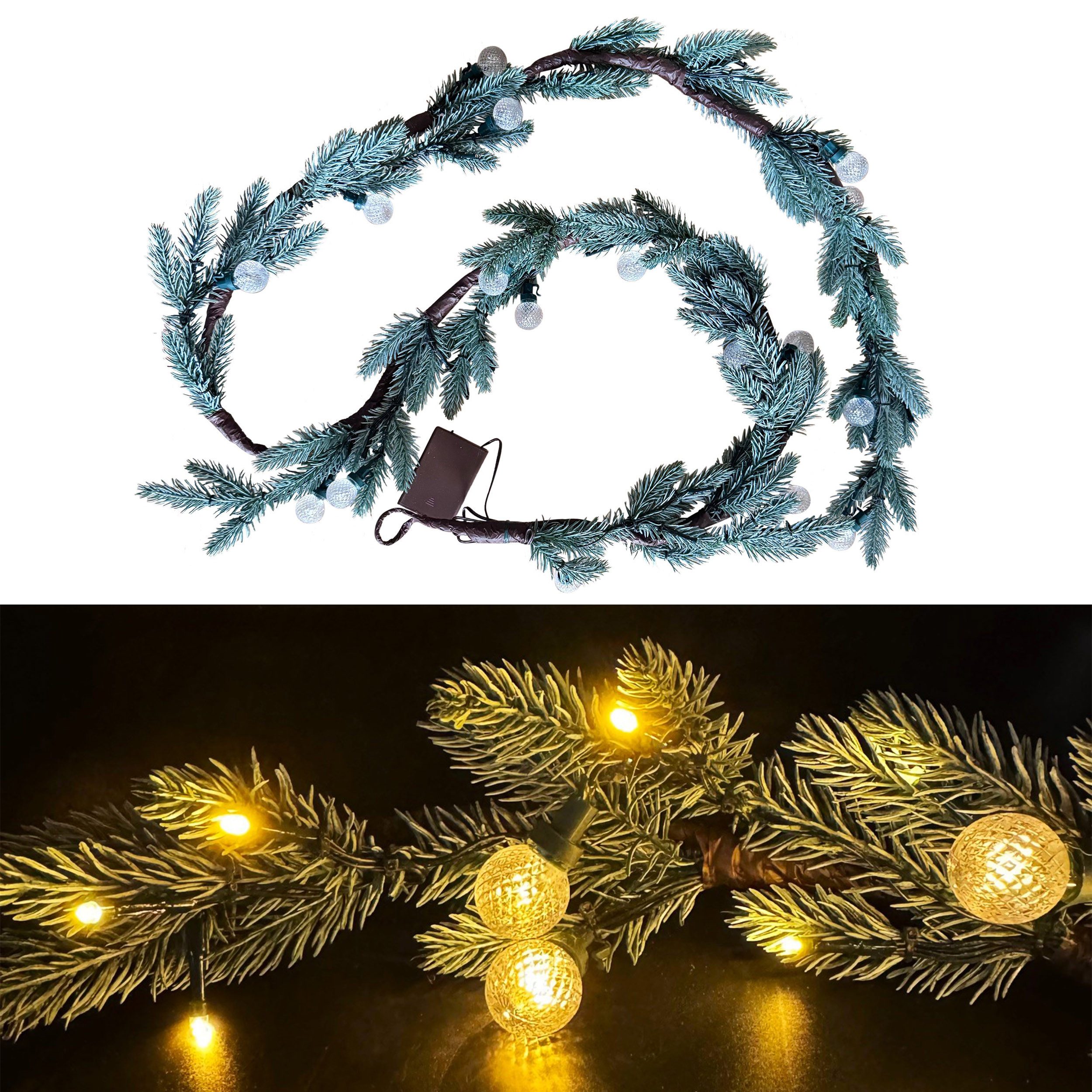 Kunstgirlande aus verschneiten Tannenzweigen inkl. LED-Lichterkette & Timer, künstliche Tannenbaumzweige, Online-Fuchs, Girlande für Winter & Weihnachten mit kleinen Lampions