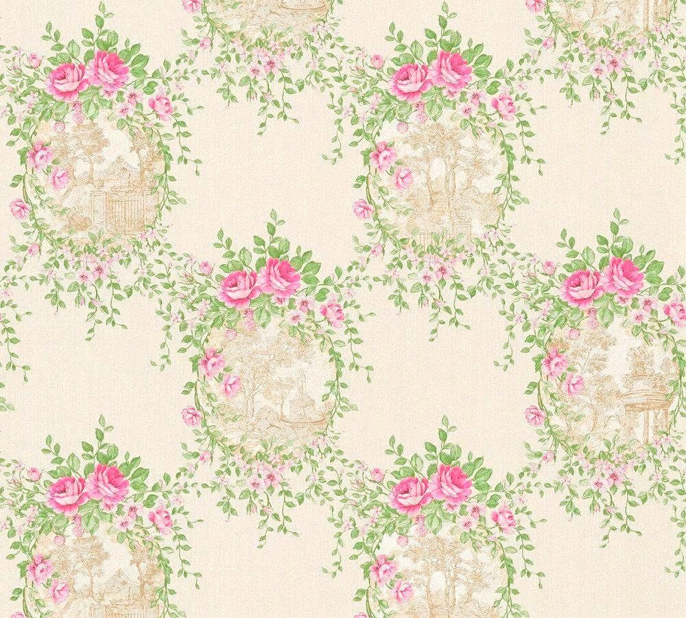 Vliestapete living Barock, A.S. Château, natur/grün/rosa walls Blumen Tapete Création Klassische