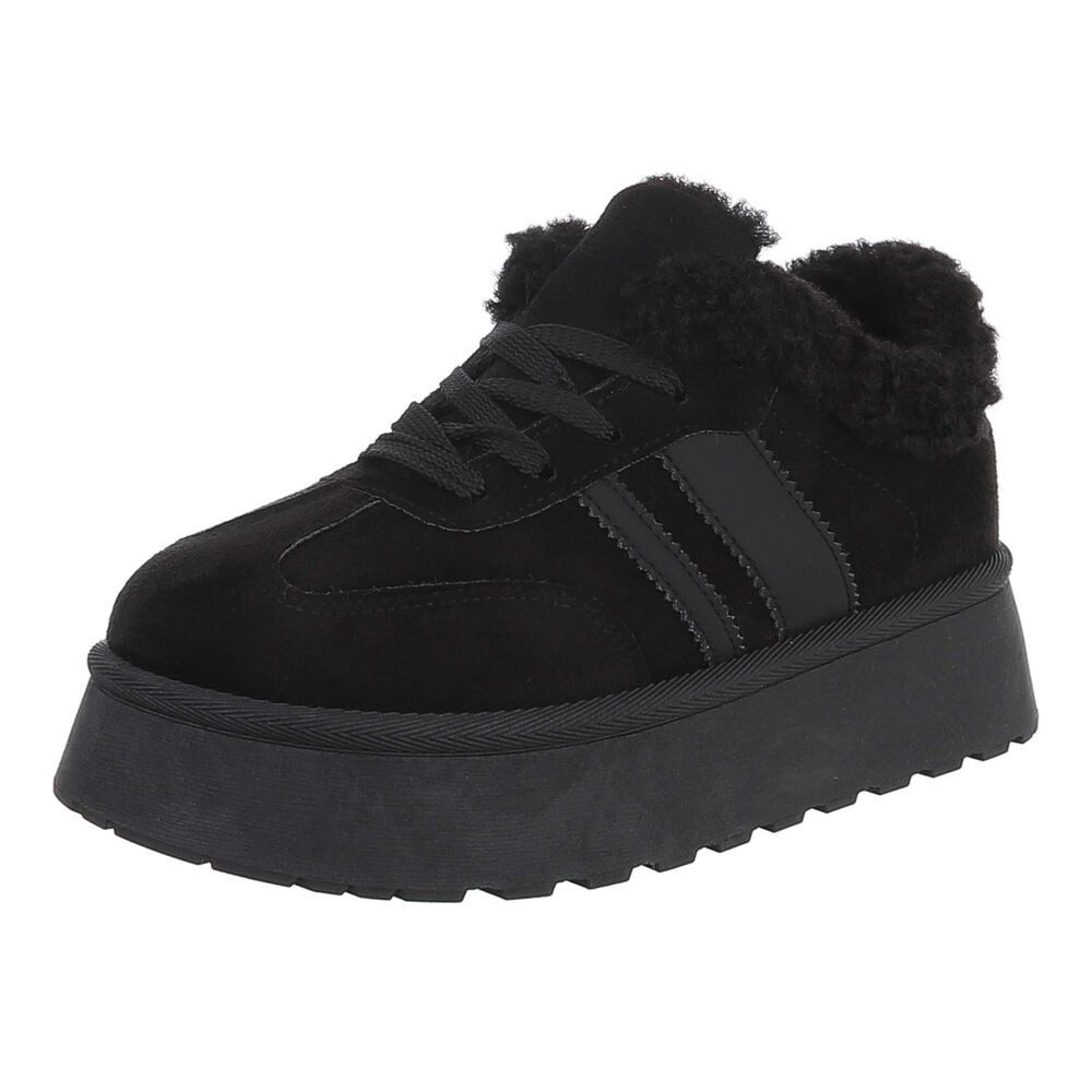 Ital-Design Damen Schnür-Sneaker mit Teddyfutter und Plateau-Sohle Sneaker (92392346) Flach Sneakers Low in Schwarz