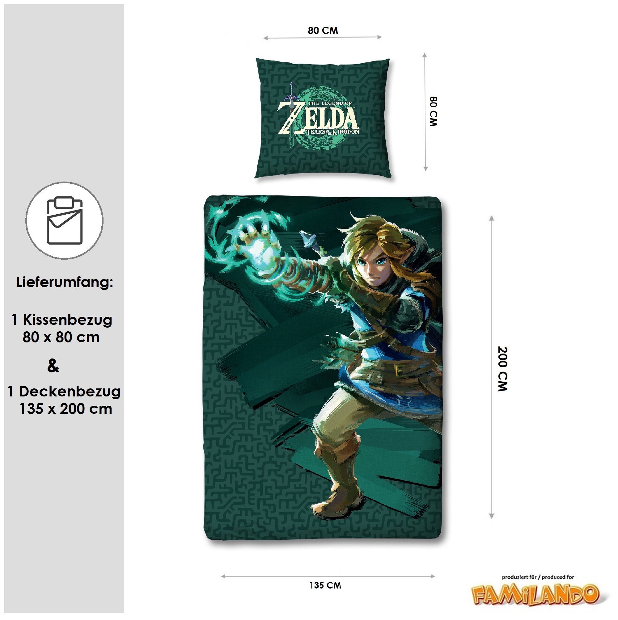 Familando Jugendbettwäsche Zelda "Tears of the Kingdom" 135x200 + 80x80 cm aus 100% Baumwolle, Renforcé, 2 teilig, mit Link auf Vorderseite und Schriftzug auf Kopfkissen