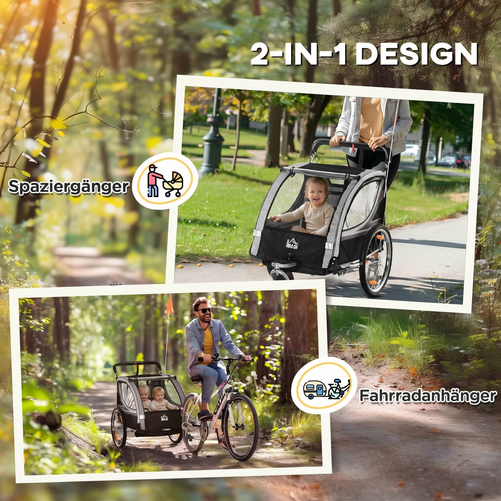 HOMCOM Fahrradkinderanhänger Kinderanhänger, Fahrradanhänger, für 2 Kinder, grau, für 2 Kinder ab 18 Monate, bis 26,4 kg belastbar, Grau – Bild 4 von 5