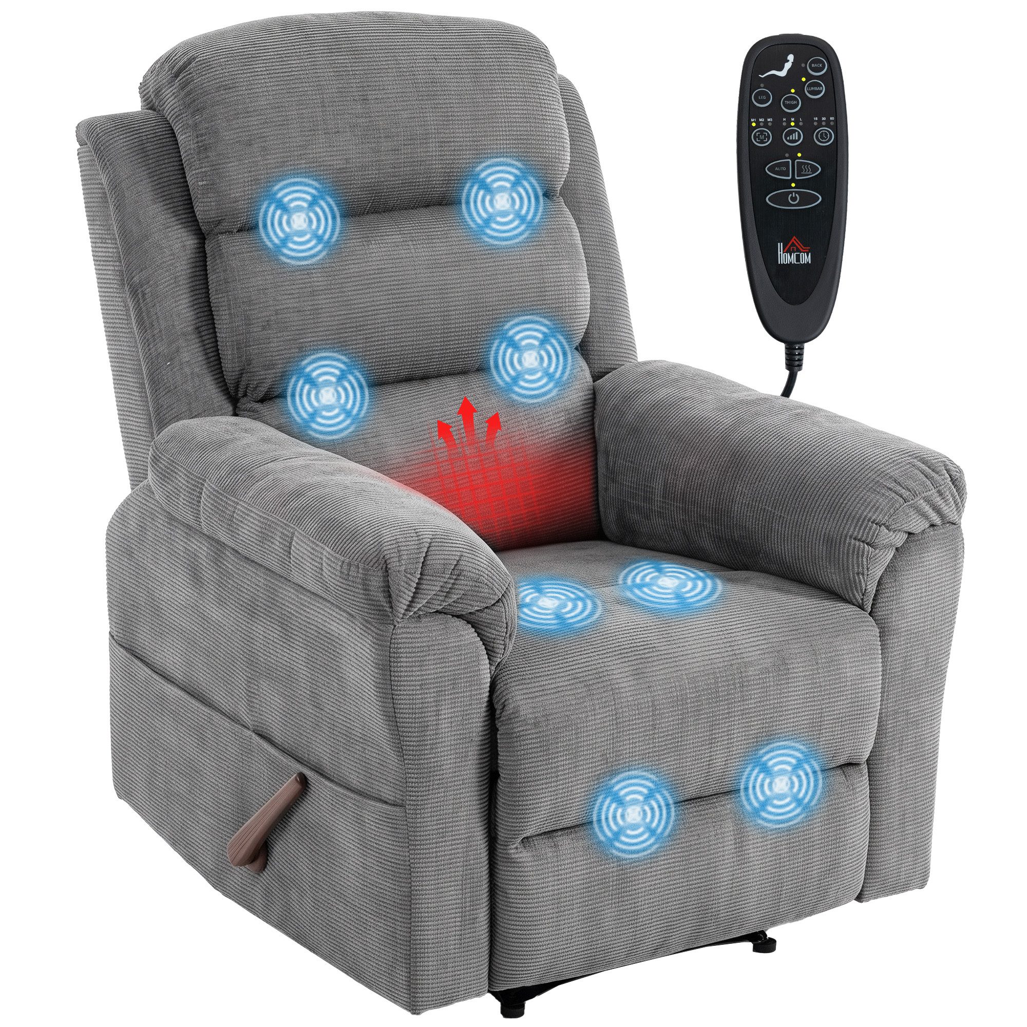 HOMCOM Massagesessel Relaxsessel Fernsehsessel mit Liegefunktion und Seitentasche (TV-Sessel, 1-St., Ruhesessel), mit Chenille-Optik, Grau – Bild 2 von 5