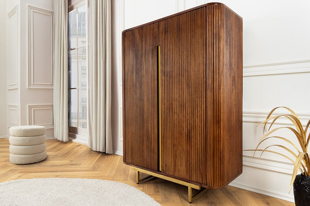 riess-ambiente Barschrank GATSBY 140cm braun/gold - Mangoholz, Metall, Retro, Riffelstruktur (Einzelartikel, 1-St) Massiver Spirituosenschrank- ideal f. stilvolle Hausbars & edle Gläser