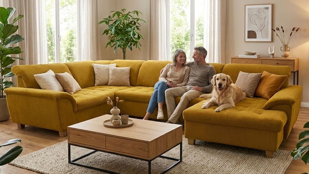 OTTO home Wohnlandschaft Egedal 344 x 214 cm, auch mit Schlaffunktion & Bettkasten, Holzfüße, Kopfteile verstellbar, U-Form, aus Pet Friendly Cord
