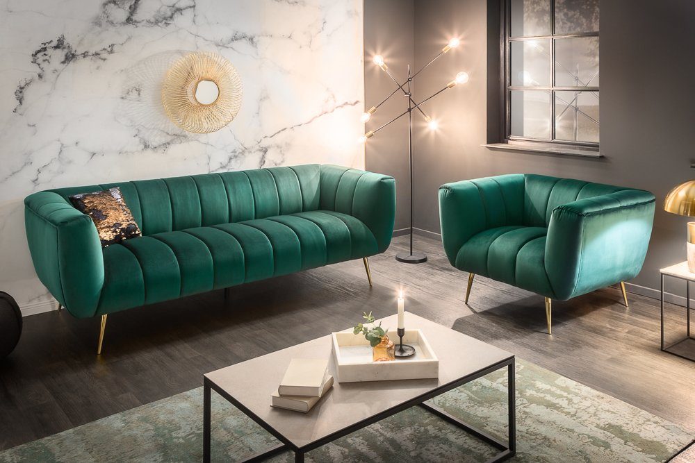 smaragdgrün Metall 3-Sitzer gold, · / Sofa Samt Design NOBLESSE · Wohnzimmer · Federkern 225cm riess-ambiente · Einzelartikel 1 Retro · Teile,