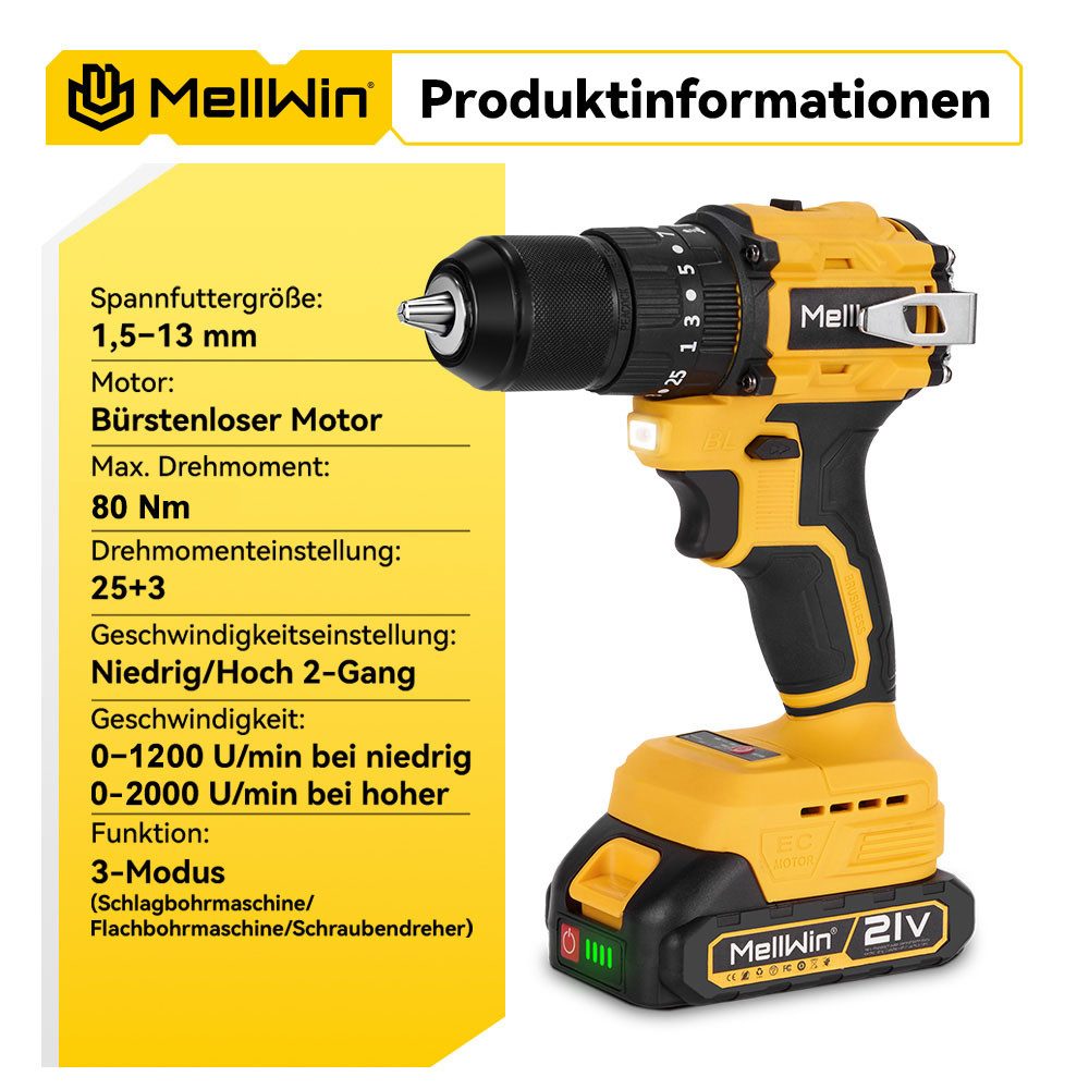 MELLWIN Akku-Bohrschrauber Set 80Nm mit 2 Akkus & 30 Zubehör, 13mm Bohrfutter, 21 V, max. 1500 U/min, (1-tlg), 25+3 Drehmomentstufen, für DIY & Reparatur