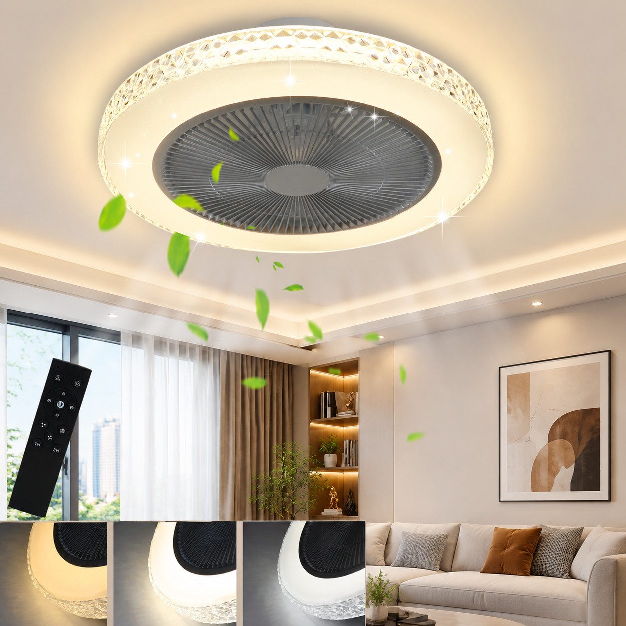 Nettlife Deckenventilator mit Licht und Fernbedienung 38W Leise LED Deckenleuchte Dimmbar, Schlafzimmer Wohnzimmer Esszimmer 49*49*20.5cm