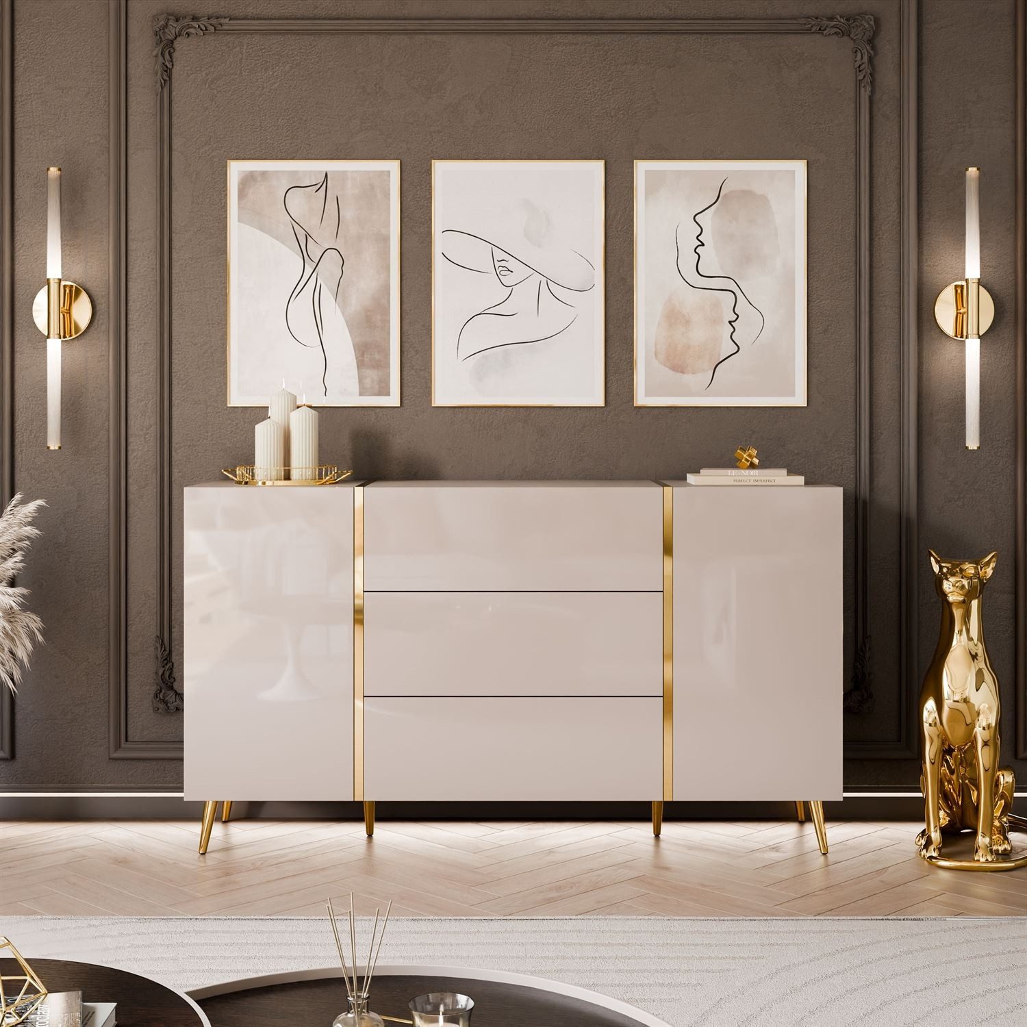 Lookway Kommode mit Schubladen ONYX Kaschmir auf goldenen Beinen, Hochglanz, 158 cm