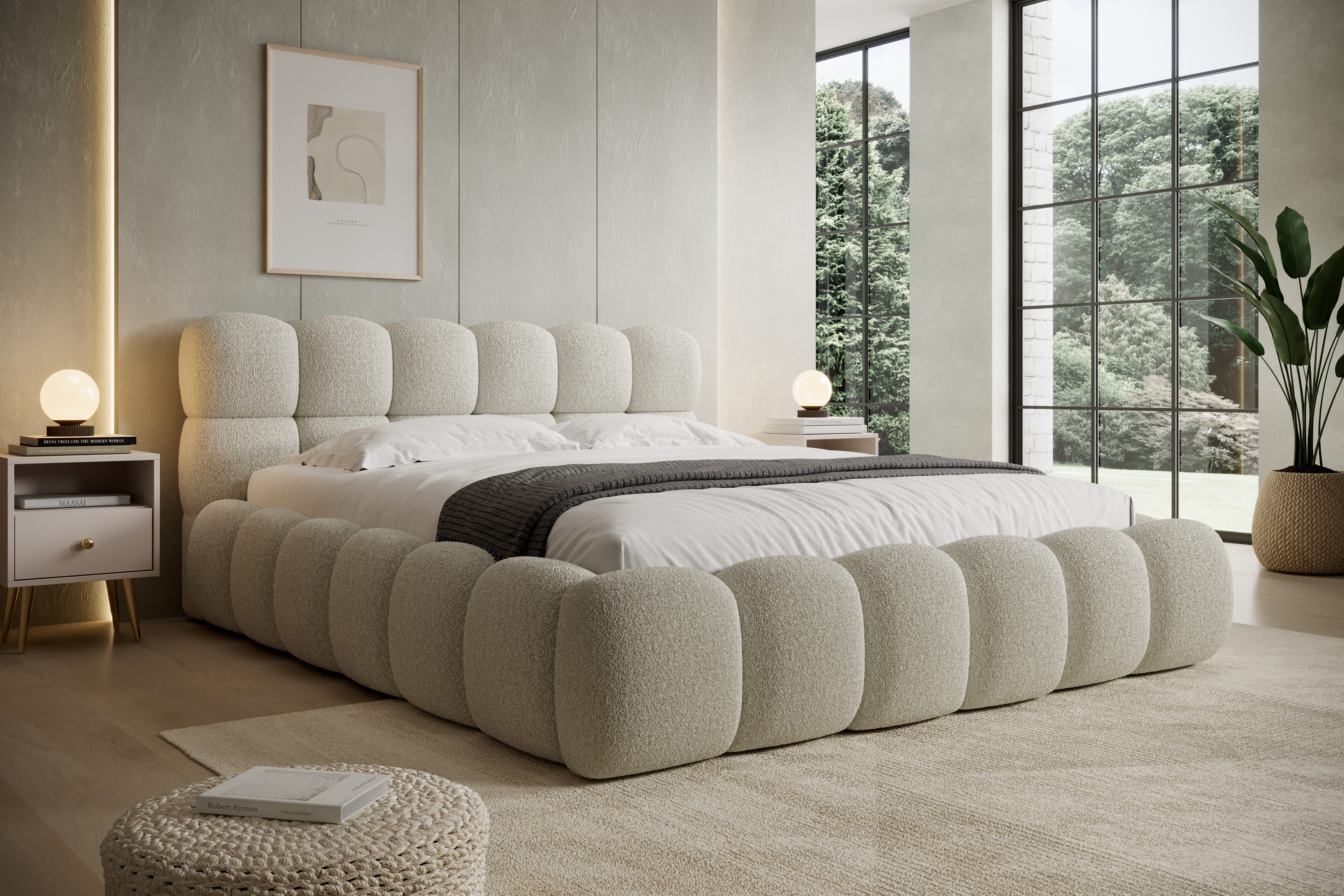 thematys Polsterbett mit Bettkasten 140x200–200x200 cm – Velours oder Bouclé Bezug – (Polsterbett in den Varianten Bouclé (Fredo), Velours (Velutto) - Wolkenbett mit XXL Kopfteil), Wolkenbett mit XXL Kopfteil)
