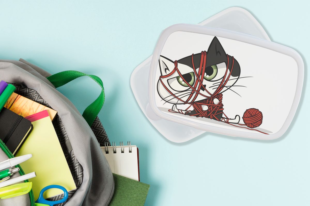 MuchoWow Lunchbox Katze - Wolle Brotdose, für Brotbox Kinder Rot, Mädchen Erwachsene, für Jungs Kunststoff, (2-tlg), und - weiß und