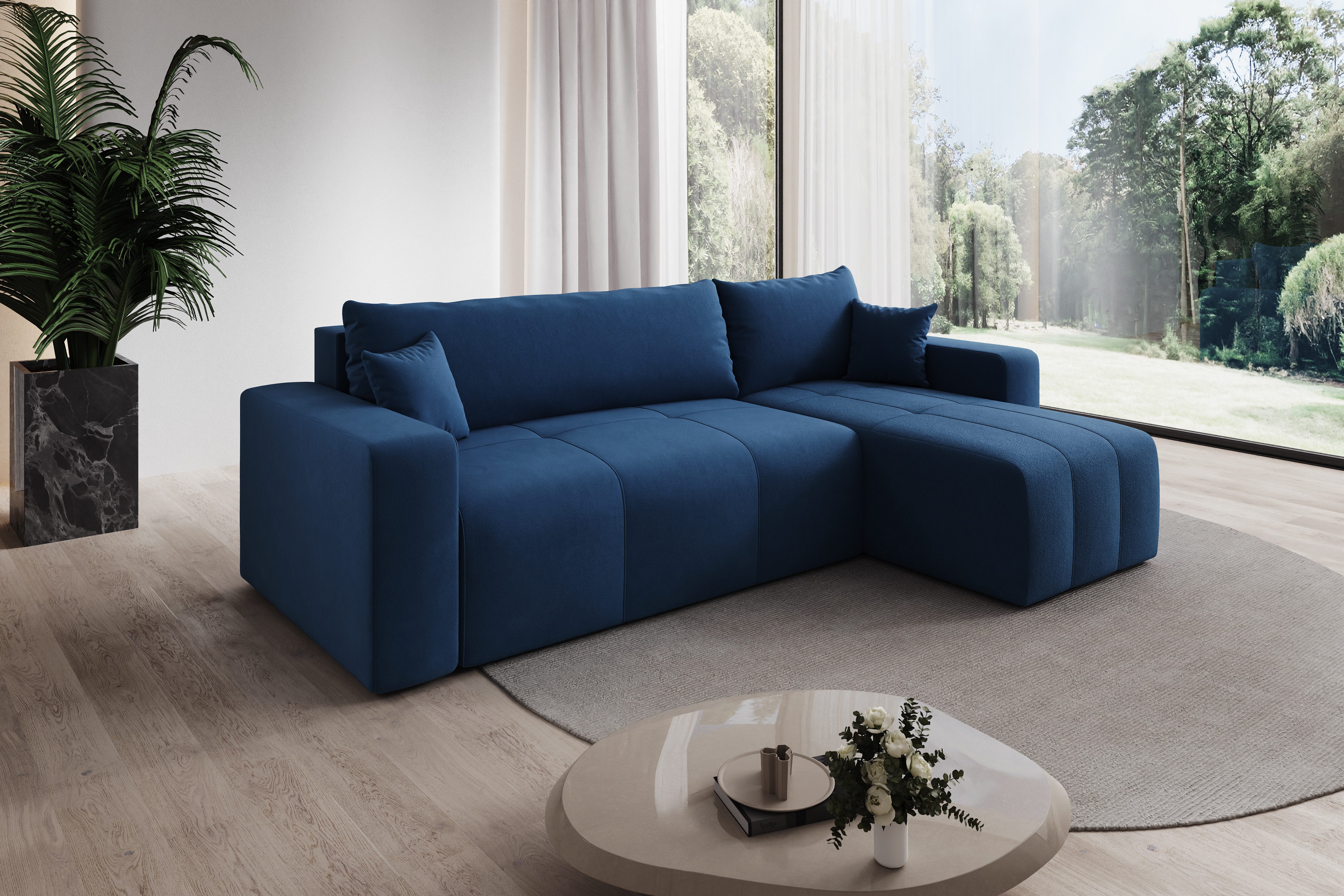 thematys Ecksofa mit Schlaffunktion und Bettkasten, L-Form, Velours + 2 Kissen, 244 x 145cm - Luxus Couch mit Bettfunktion mit Bonnellfedern