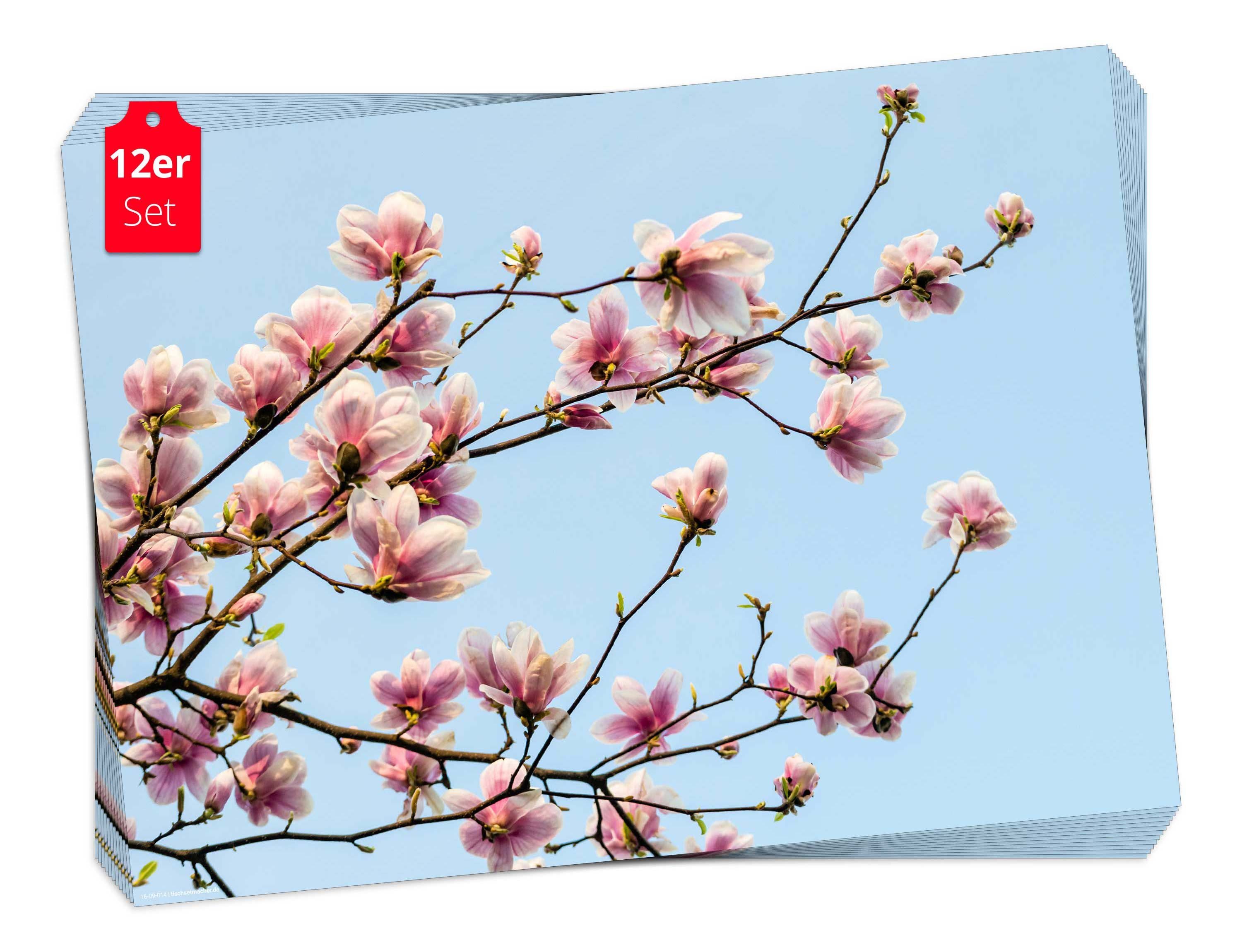 in - 12-St., Ostern Tischsetmacher, 44 voller Tischset (aus cm 32 Naturpapier Blumen Aufbewahrungsmappe, & in Made Germany / Platzset, Magnolien rosa-blau), in Blüte, x Frühling,