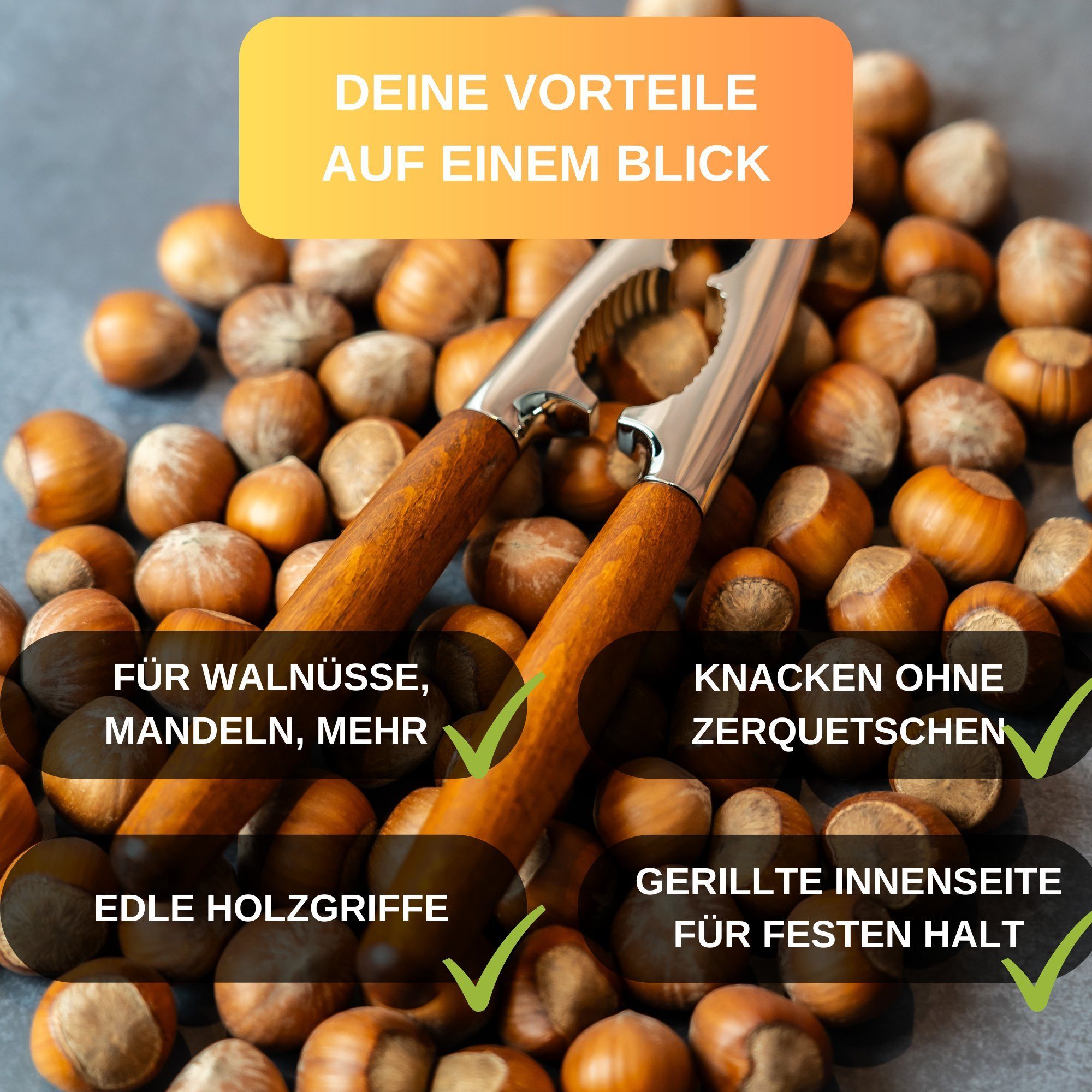 Thiru Nussknacker Basic edeler Holzgriff - Für Walnüsse, Haselnüsse, Paranüsse, (1-tlg., 1er Set), Knacken ohne Kernzerquetschung