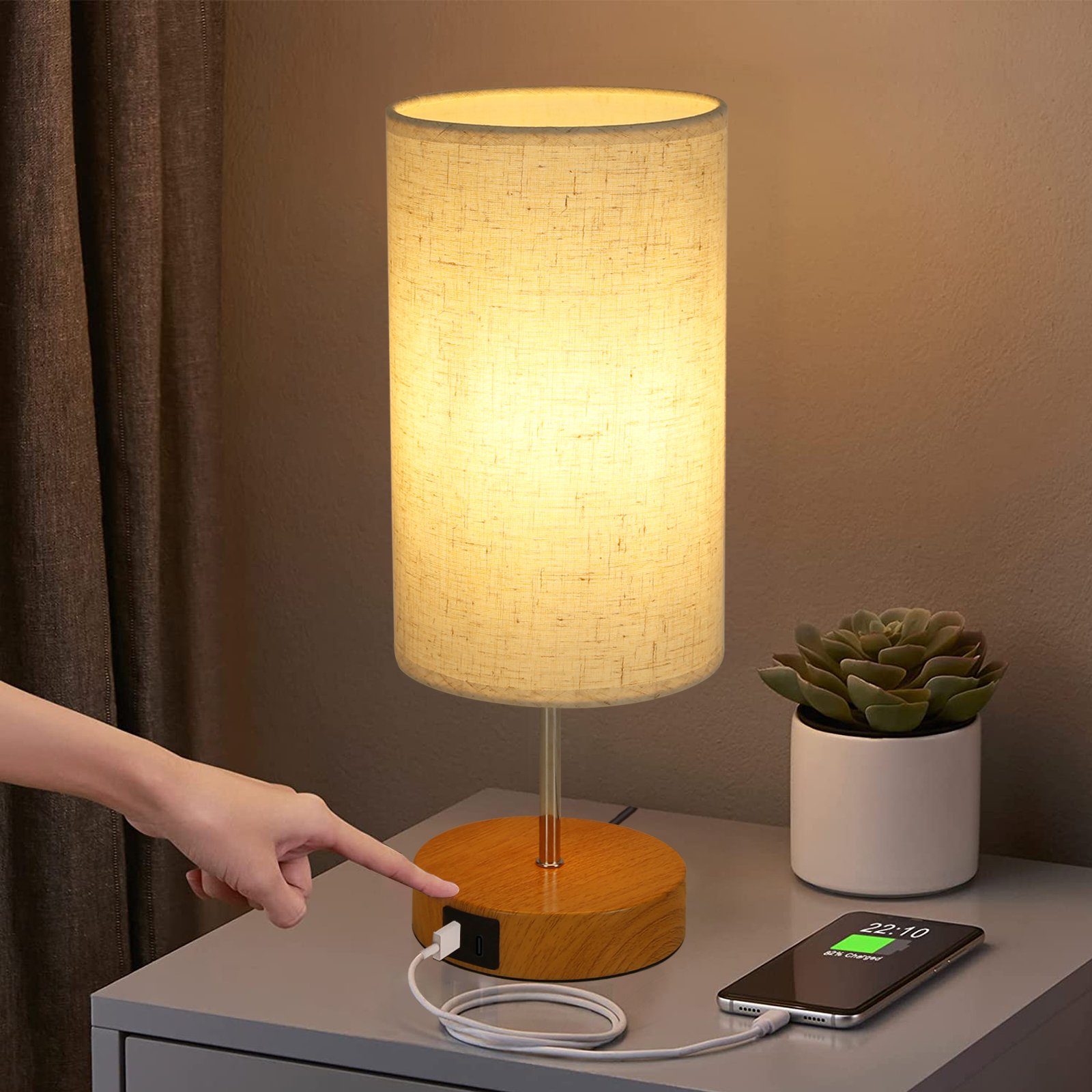 Brine, 1er LED und Holzfarbe mit Set, Touch-Dimmbar Stoff Lampenschirm, 3000K, ZMH holzfarben Tischleuchte Mit USB-Ladefunktion