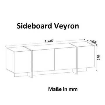 moebel17 Sideboard Veyron Rebab Dunkelgrau Marmor Optik, 180 cm x 75,5 cm x 46,6 cm