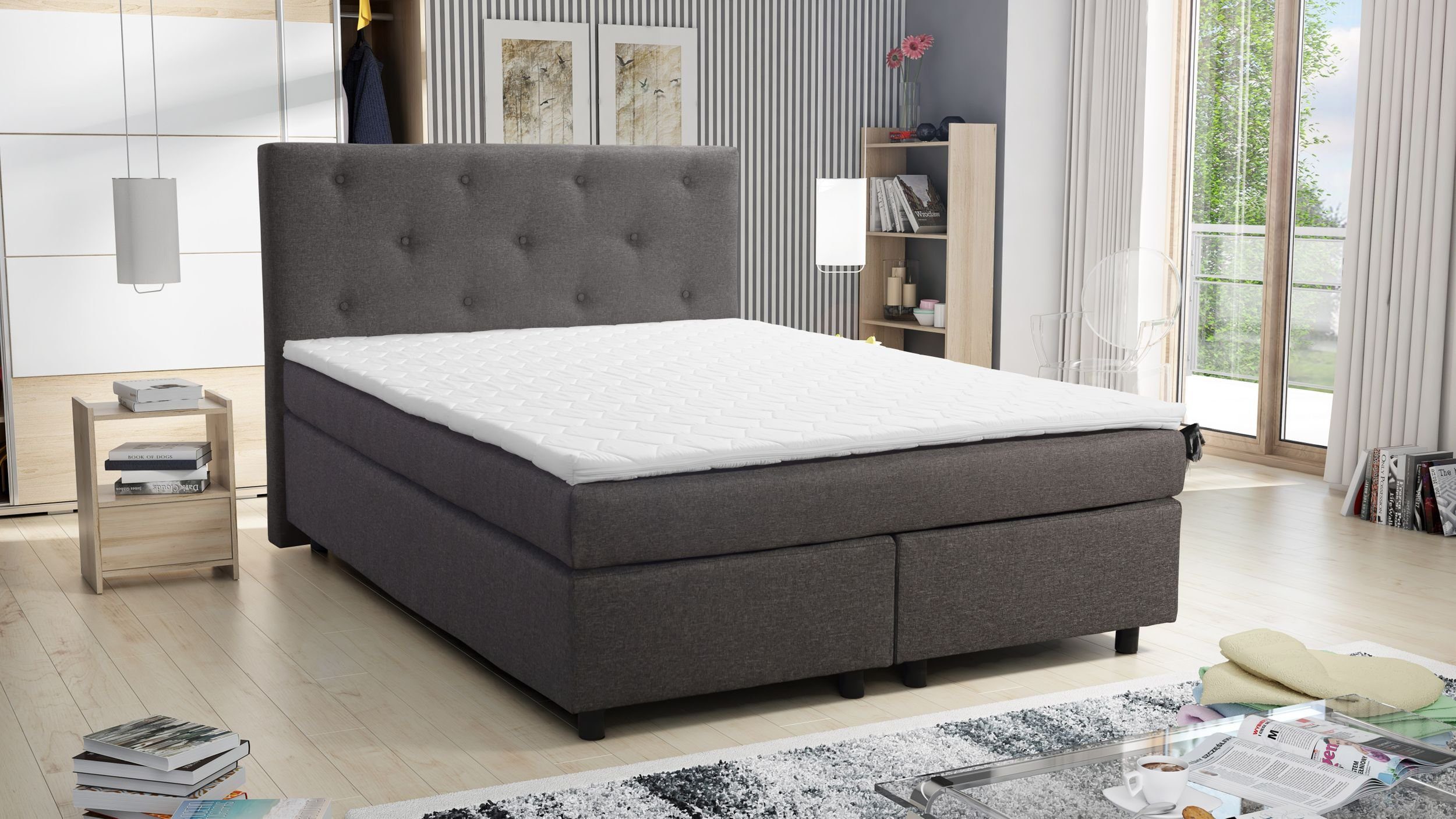 Bett Boxspringbett 2 Bonellfederkern Grau Hotelbett Chester 140x200 Paxos Topper Küchen-Preisbombe