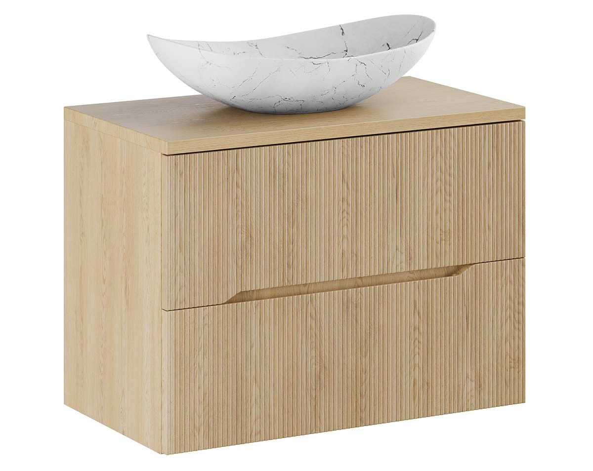 einfachgutemoebel Waschtisch-Set Bad Waschplatz STEINFJORD 80cm Schubfächer, Aufsatzbecken weiß, oak, (Badmöbel Set, 1-St., Waschtisch Unterschrank)
