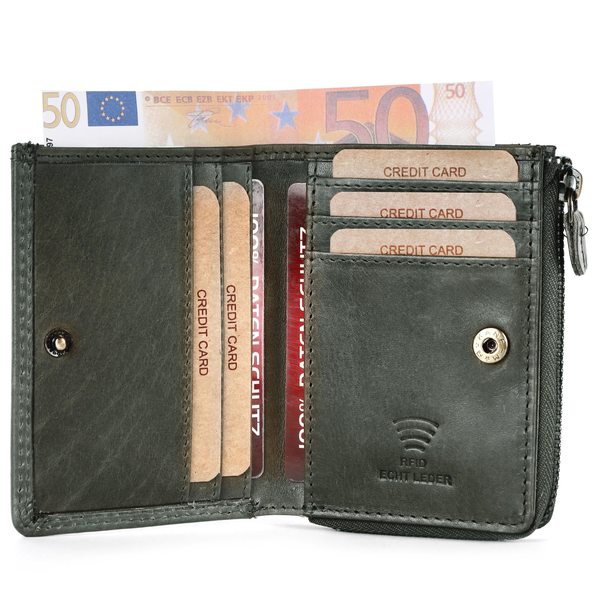 Benthill Geldbörse Klein Echt Leder RFID Damen & Herren Geldbeutel Slim-Wallet Portmonee, RFID-Schutz Kartenfächer Münzfach Reißverschlussfach