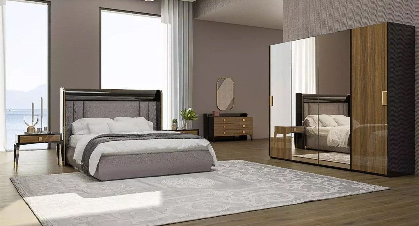 Schlafzimmer-Set Luxus Set 6tlg Bett Schlafzimmer Kommode mit Spiegel 2x Nachttische