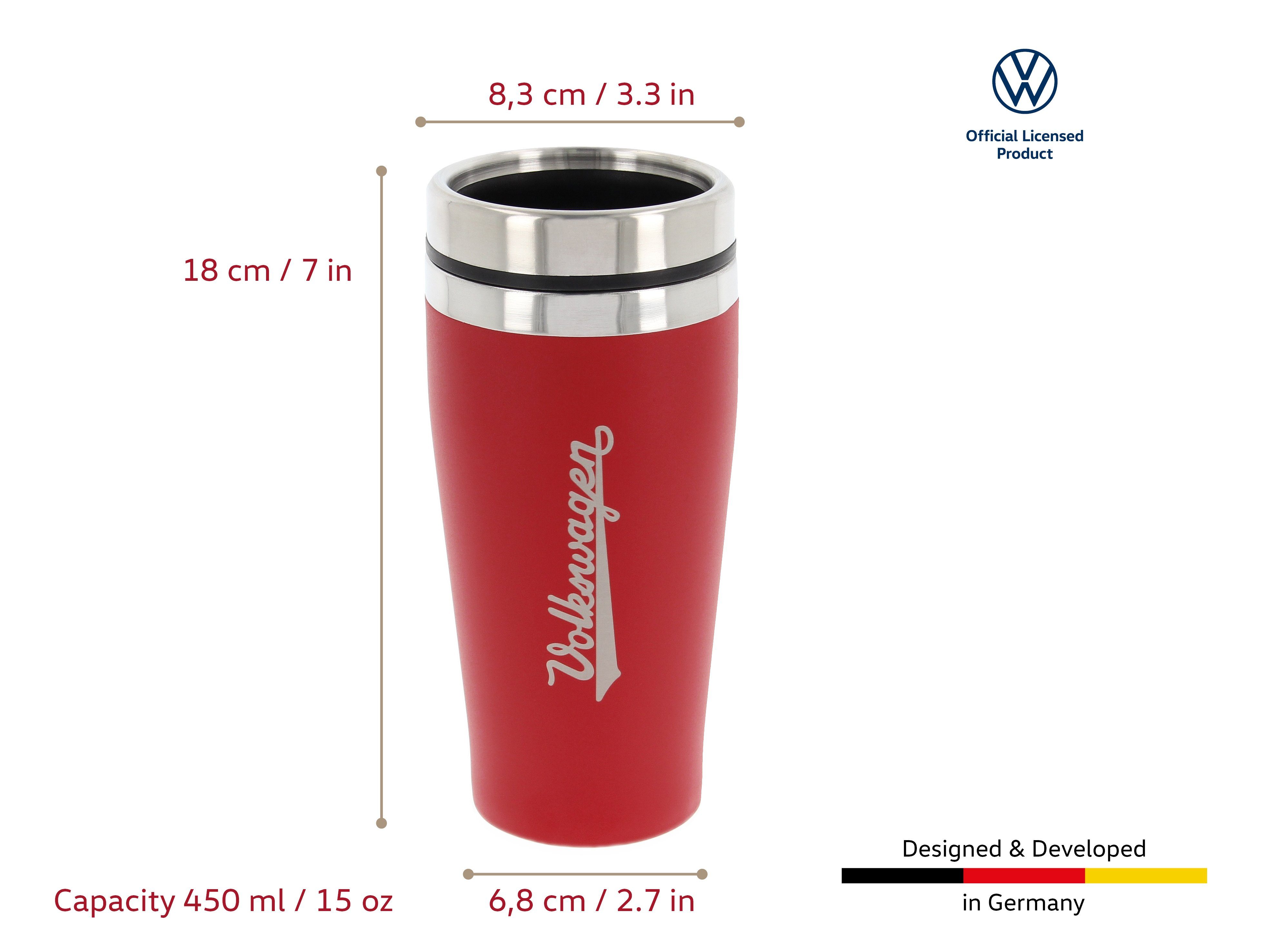 VW Collection by BRISA Coffee-to-go-Becher Volkswagen Isolierter-Edelstahl Thermobecher, Edelstahl, Stilvoller roter Travel Mug mit VW Logo, 450ml