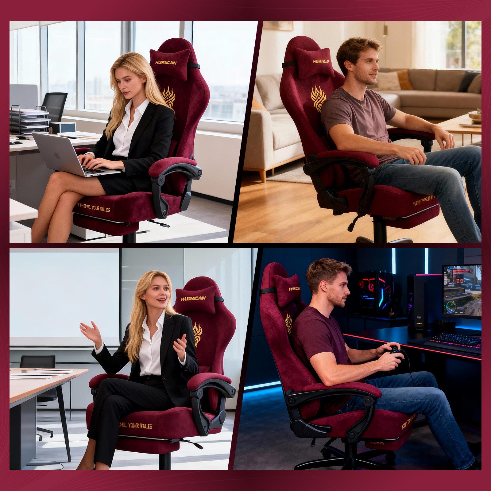 Huracan Gaming-Stuhl Massage Gaming Sessel mit Fußstütze 90-135° Rückenlehne einstellbar, Bürostuhl Ergonomisch,Verstellbarem Lenden- & Kopfkissen,mit Fußstütze