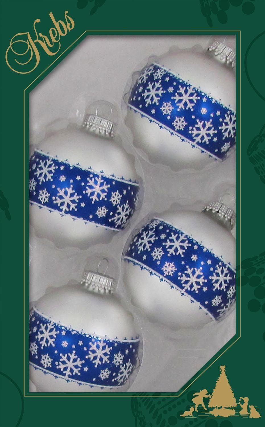 aus Weihnachtsdeko, St), hochwertige Glas, Christbaumkugeln Christbaumschmuck Schneeflocken-Bordüre Weihnachtsbaumkugel Krebs mit Schneekristall, (4 Glas Lauscha