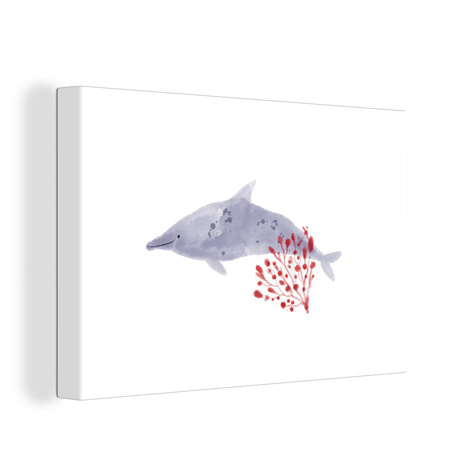 OneMillionCanvasses® Leinwandbild Delfin - Pflanzen - Meer - Aquarell, (1 St), Wandbild Leinwandbilder, Aufhängefertig, Wanddeko, 30x20 cm