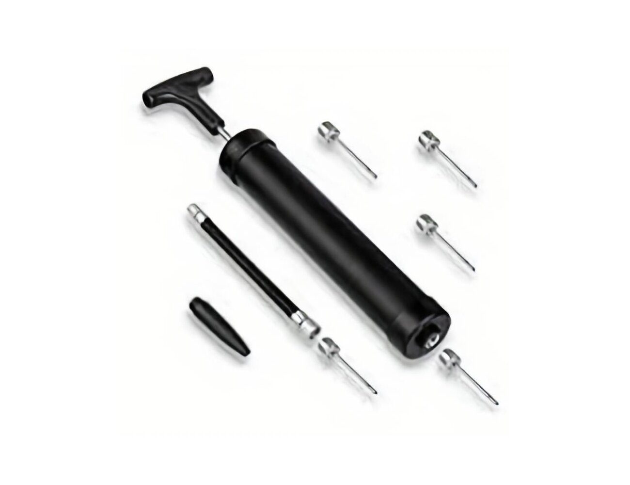 BAY-Sports Handpumpe Ballpumpe mit Messingaufsatz Luftpumpe Ball Fußball Boxbirne Volleybal (Stück, 5 Ballnadeln, Kunststoff-Adapter), Ballpumpe mit Messingaufsatz Messinggewinde Ballnadeln aus Stahl, 4 mm