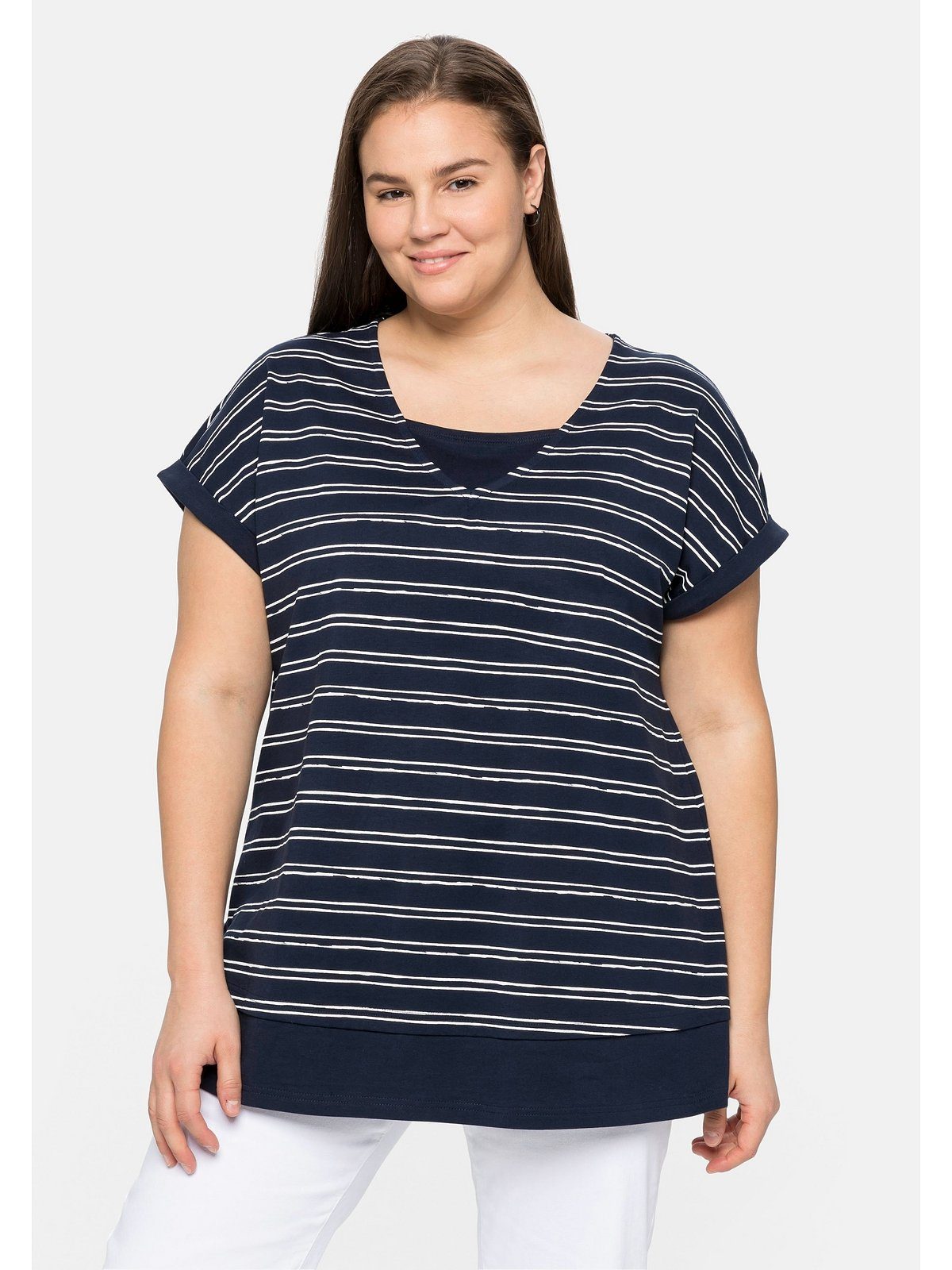 Vortrefflichkeit Sheego T-Shirt Große reiner im Größen aus Lagenlook, marine-weiß Baumwolle