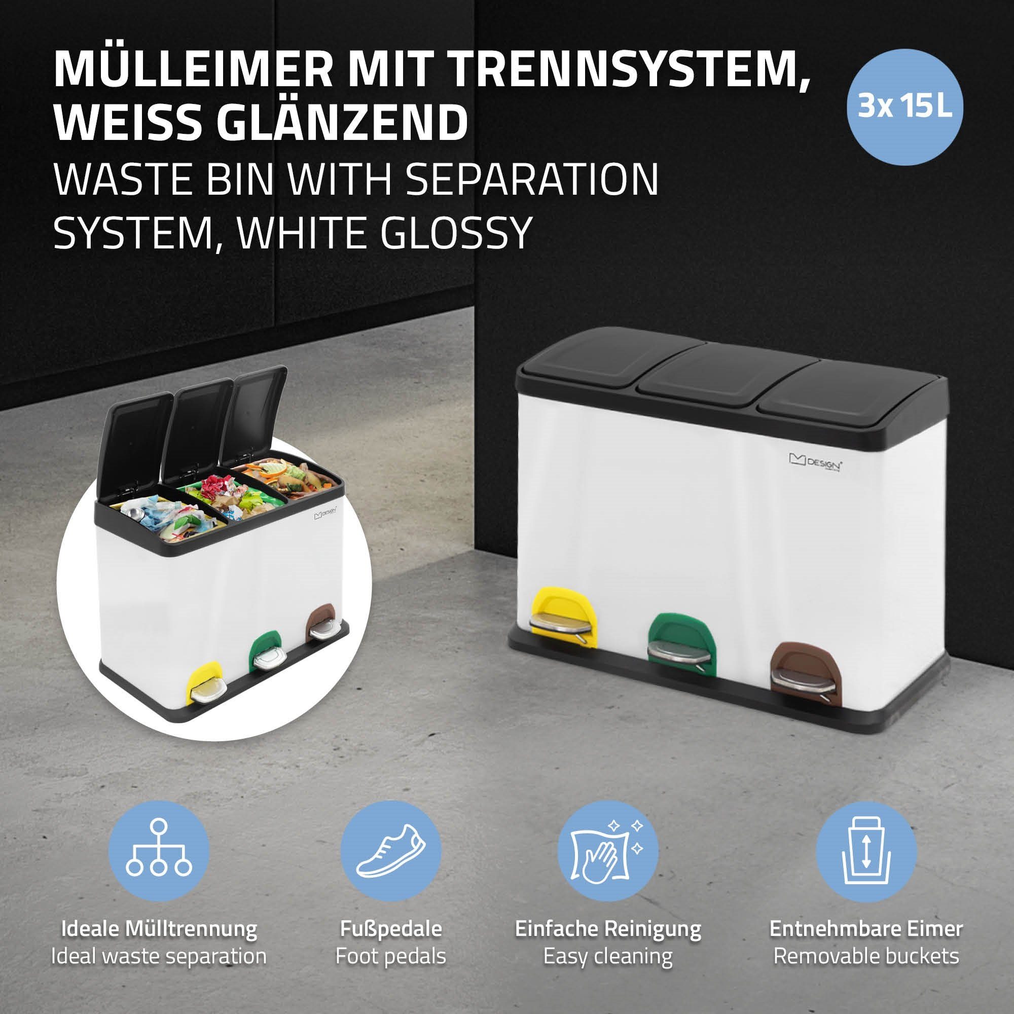 ML-DESIGN Mülleimer Mülltrennsystem zur Mülltrennung Weiß Kunststoff Kennzeichnung, & 15L Klappdeckel 3x aus farblicher aus mit Stahl Inneneimer Abfalleimer