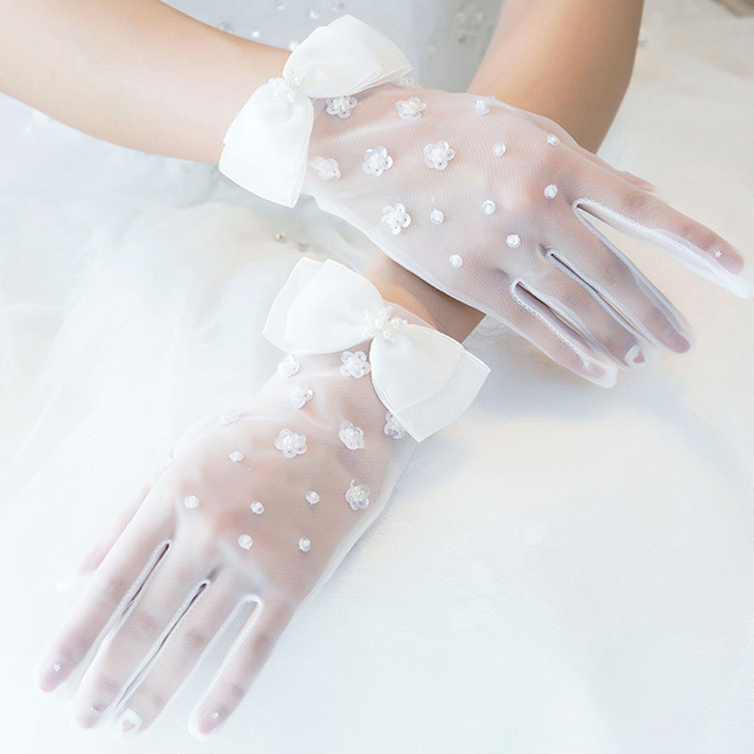 DÖRÖY Abendhandschuhe Braut Brautkleid Mesh Handschuhe, Mode kurze Mesh Perle Handschuhe
