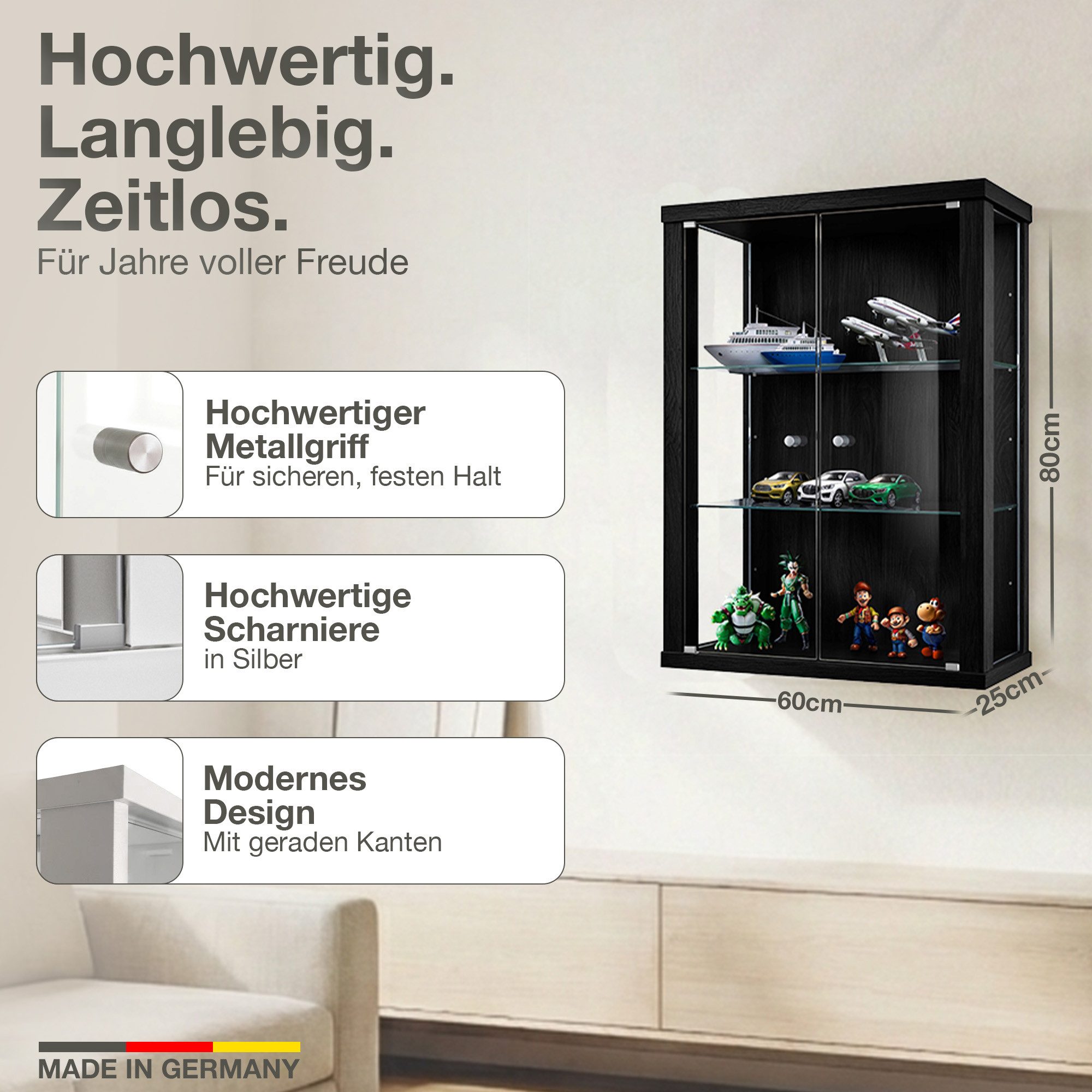 K-Möbel Hängevitrine C1012 (Glasvitrine (80x60x25 cm) mit 2 Glastüren) Glasvitrine hängend – Bild 2 von 5