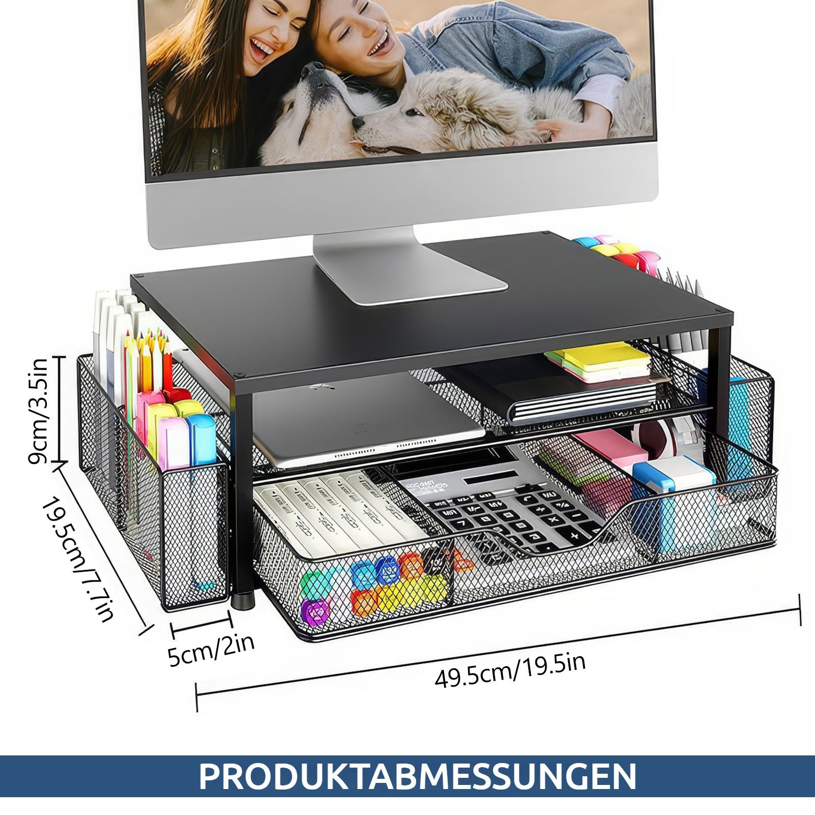 BlingBin Monitorständer Ergonomischer doppelstöckiger Schreibtischorganizer, (1 Stück, 1-tlg., 39,5 x 25,5 x 16 cm, mit Schublade und 2 Stifthalter für Bürozube – Bild 5 von 5