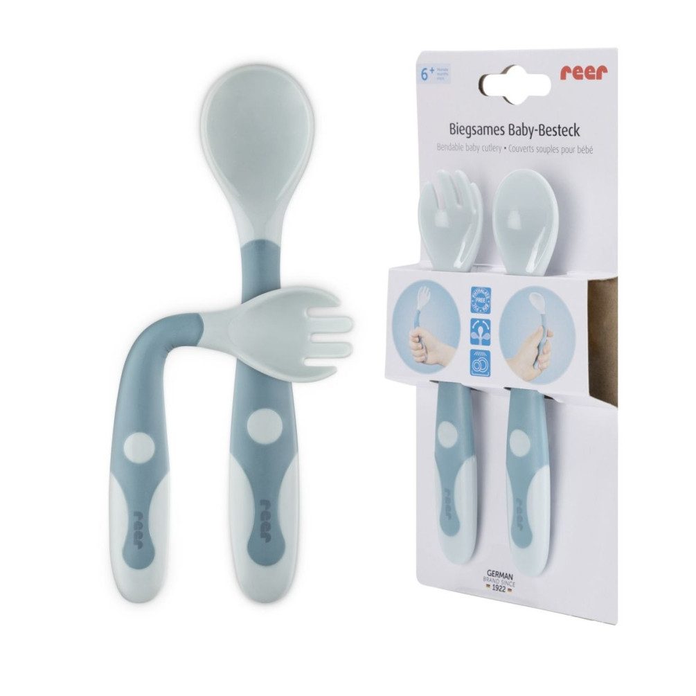 Reer Kinderbesteck Baby Besteckset Biegsam Löffel & Gabel (2-tlg), Kunststoff, 360° biegsam