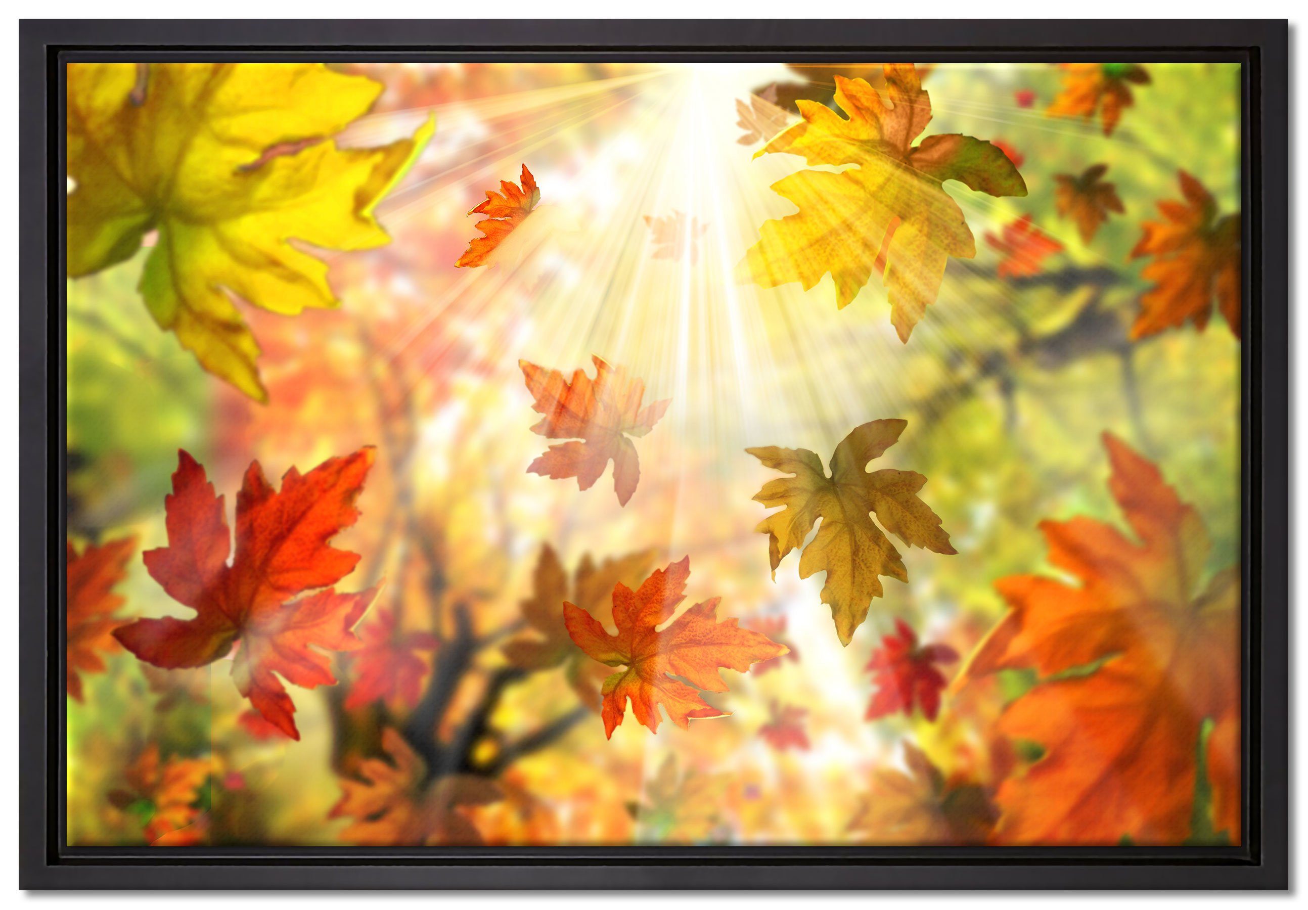 Pixxprint Leinwandbild Fliegende bunte Herbstblätter, Wanddekoration (1 St), Leinwandbild fertig bespannt, in einem Schattenfugen-Bilderrahmen gefasst, inkl. Zackenaufhänger
