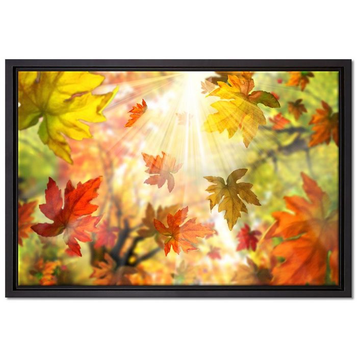 Pixxprint Leinwandbild Fliegende bunte Herbstblätter Wanddekoration (1 St) Leinwandbild fertig bespannt in einem Schattenfugen-Bilderrahmen gefasst inkl. Zackenaufhänger