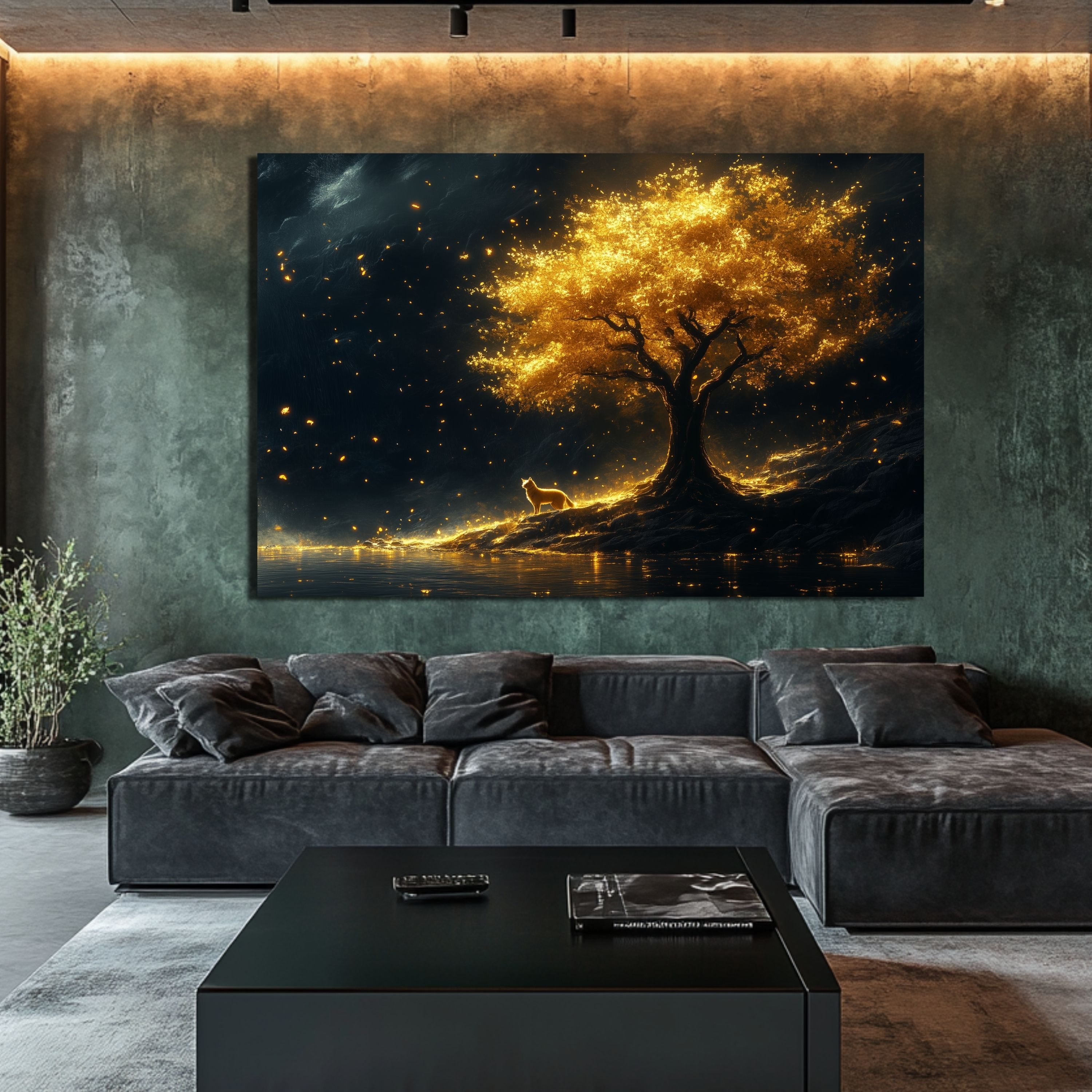 DARO Design Leinwandbild Modern Abstrakt Wandbilder XXL Wandbild Wand Deko Leinwand Bilder, (Katze am goldenen Baum - Bild groß Wohnzimmer Esszimmer Schlafzimme – Bild 2 von 5