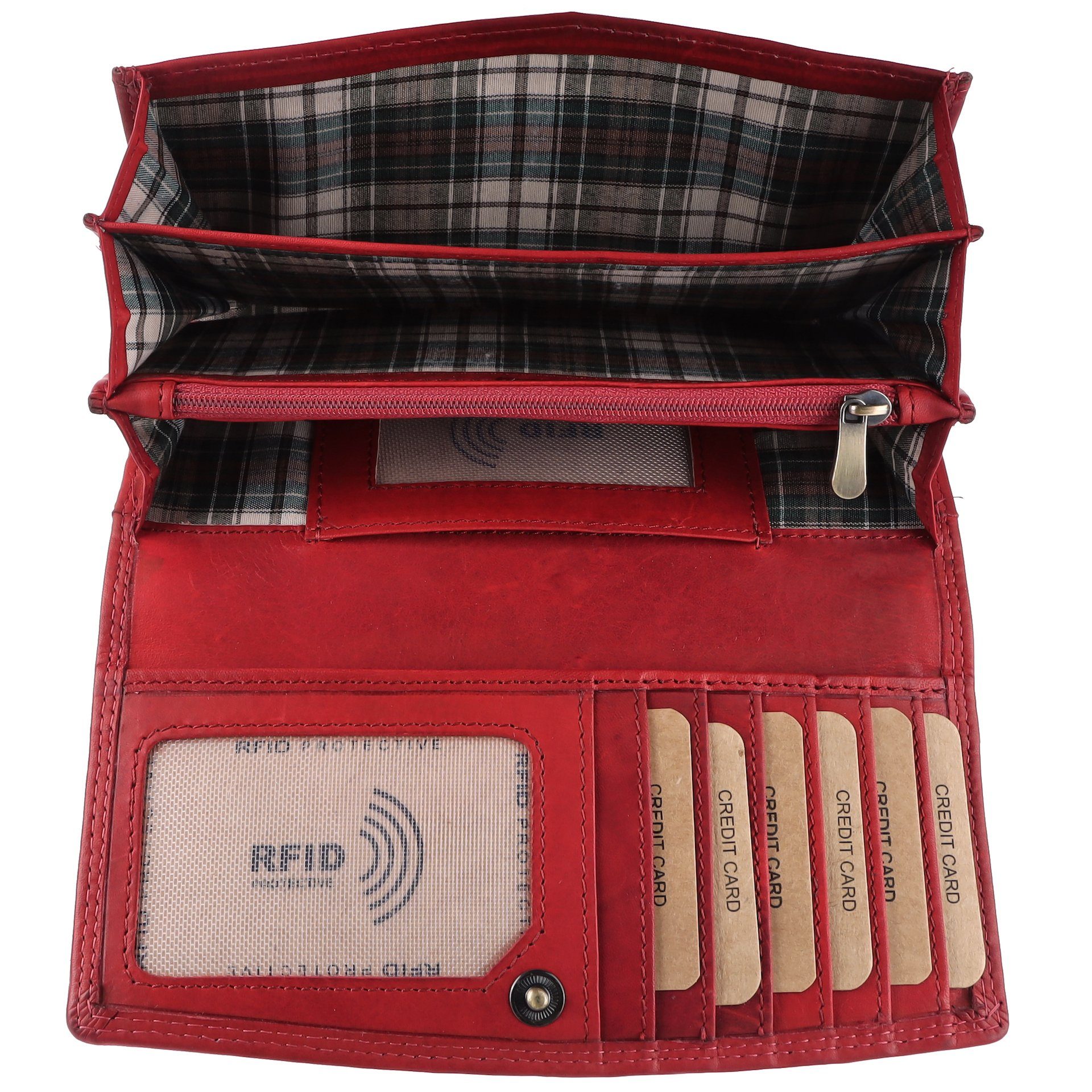 Leder vielen Portemonnaie, RFID-Schutz Kartenfächer Groß Kartenfächer Münzfach Echt Rot Benthill Damen XXL Reißverschlussfach RFID Geldbörse