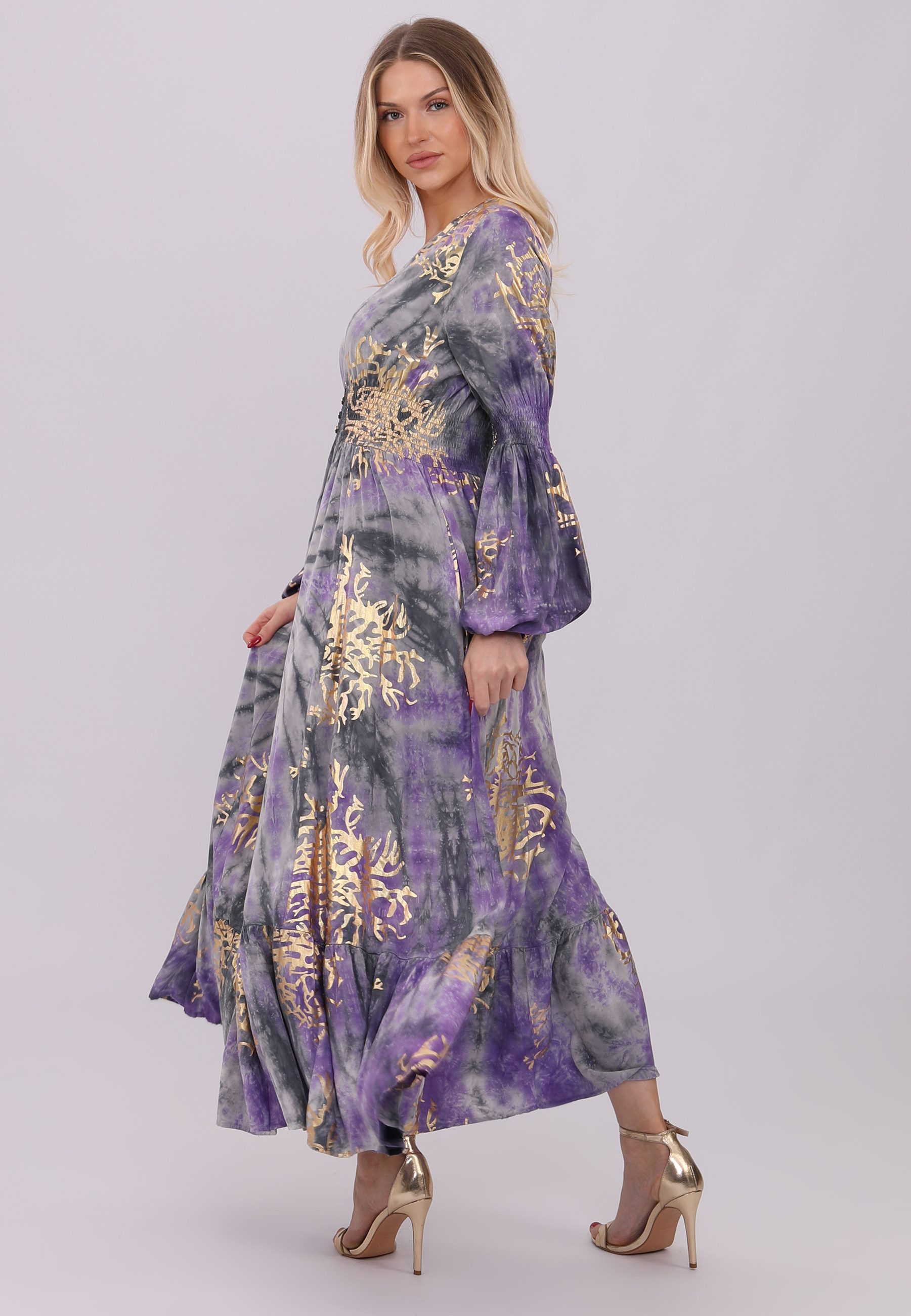 YC Fashion & Style Sommerkleid Elegantes Maxikleid in Lila mit Goldakzenten und Komfortschnitt Boho