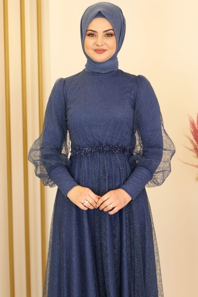 Modavitrini Abendkleid silbriges Abaya Tüllkleid Navy Blau langärmliges Hijab Kleid Abiye Maxikleid