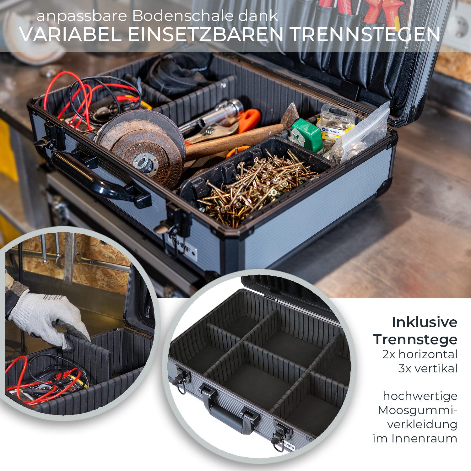HMF Werkzeugkoffer Alu Werkzeugkoffer leer, 17 Einsteckfächer für Werkzeug, Werkzeugkiste, mit verstellbarer Facheinteilung, 46 x 33 x 15 cm, Anthrazit-Schwarz – Bild 4 von 5