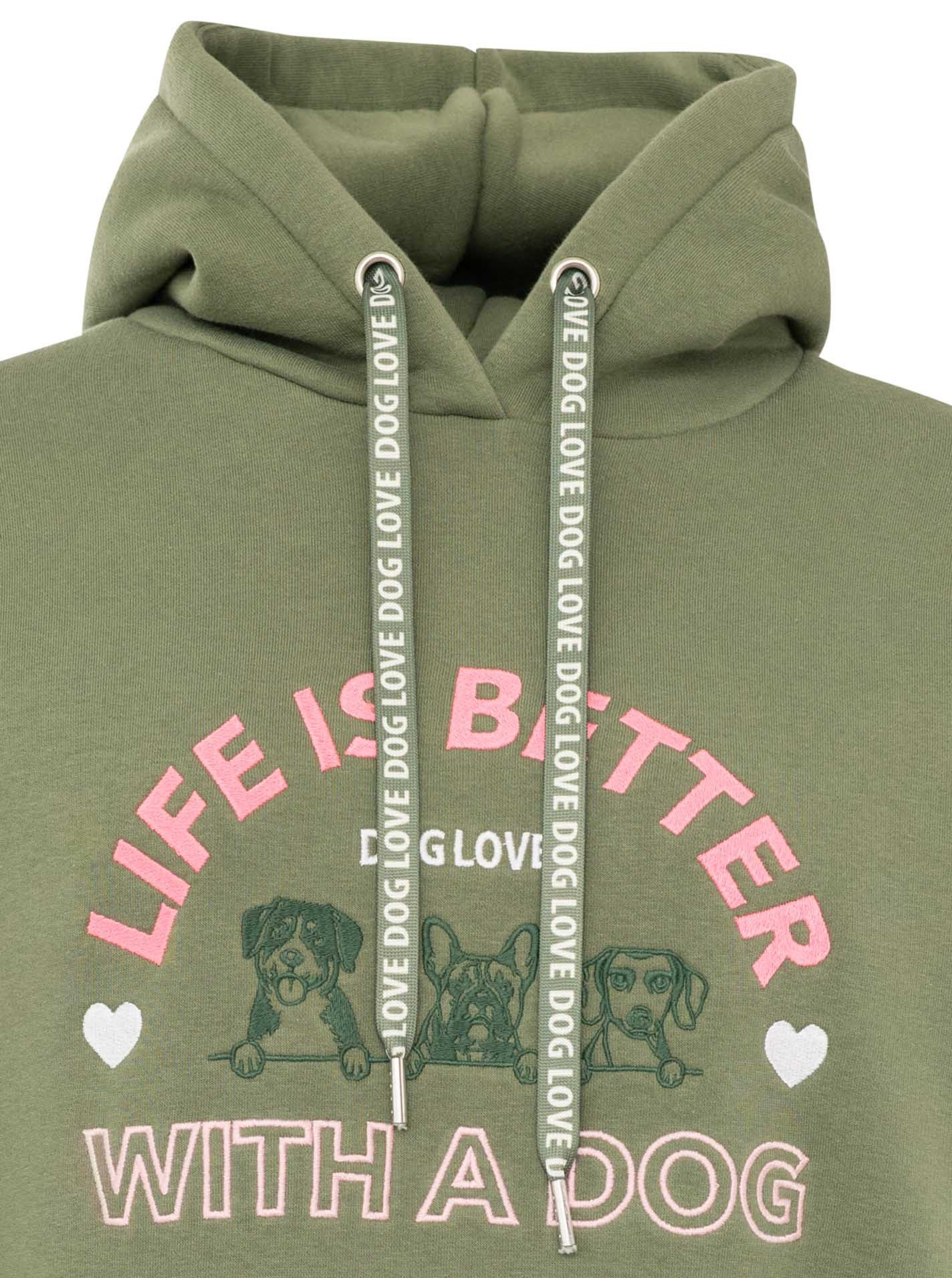 Zwillingsherz Hoodie "Better with a Dog" gestickte Hunde und Slogan, Kapuze mit Kordel, Kängurutasche – Bild 5 von 5