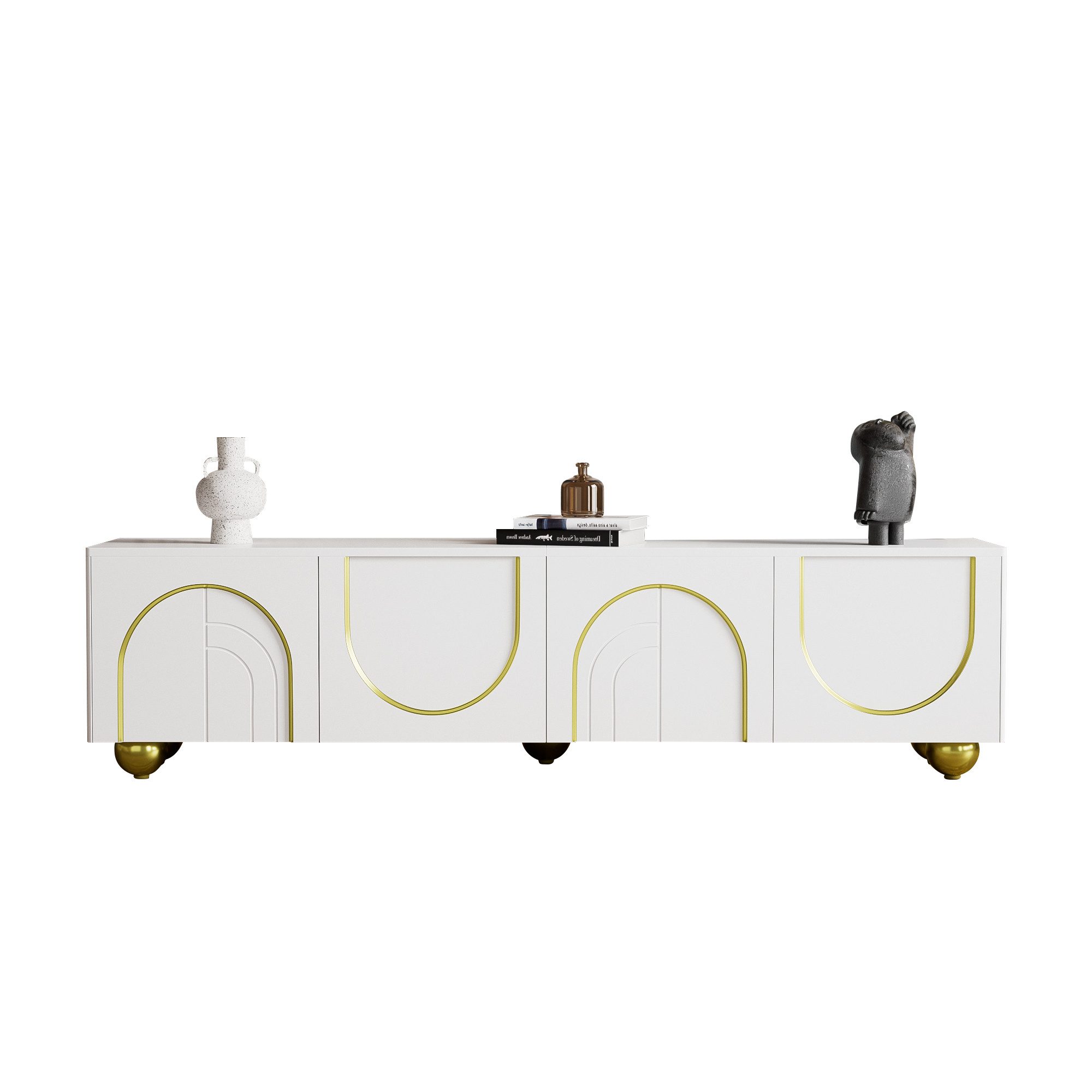 Refined Living Lowboard TV-Schrank Fernsehtisch TV-Möbel Fernsehschrank TV-Board (TV-Board mit Metallbeine, 1 St., 4 Türen 170*38*44cm, lowboard mit strukturierten Türen, mit goldenen Verzierungen, Beinen,inklusive Einlegeböden, push-to-open, 1 St., Geräumiger Stauraum,Hochwertige Konstruktion, mit goldenen runden), goldenen runden Beinen, inklusive Einlegeböden, Push-to-Open