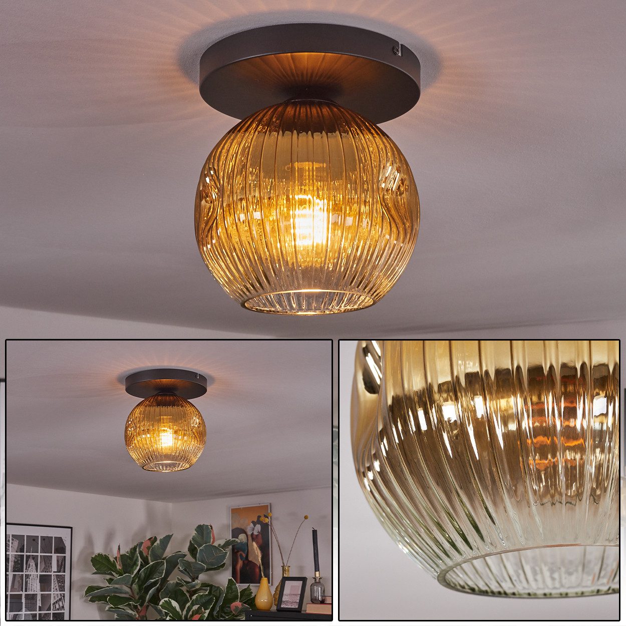 Deckenleuchte Deckenlampe aus Metall/Riffelglas in Schwarz/Goldfarben/Klar